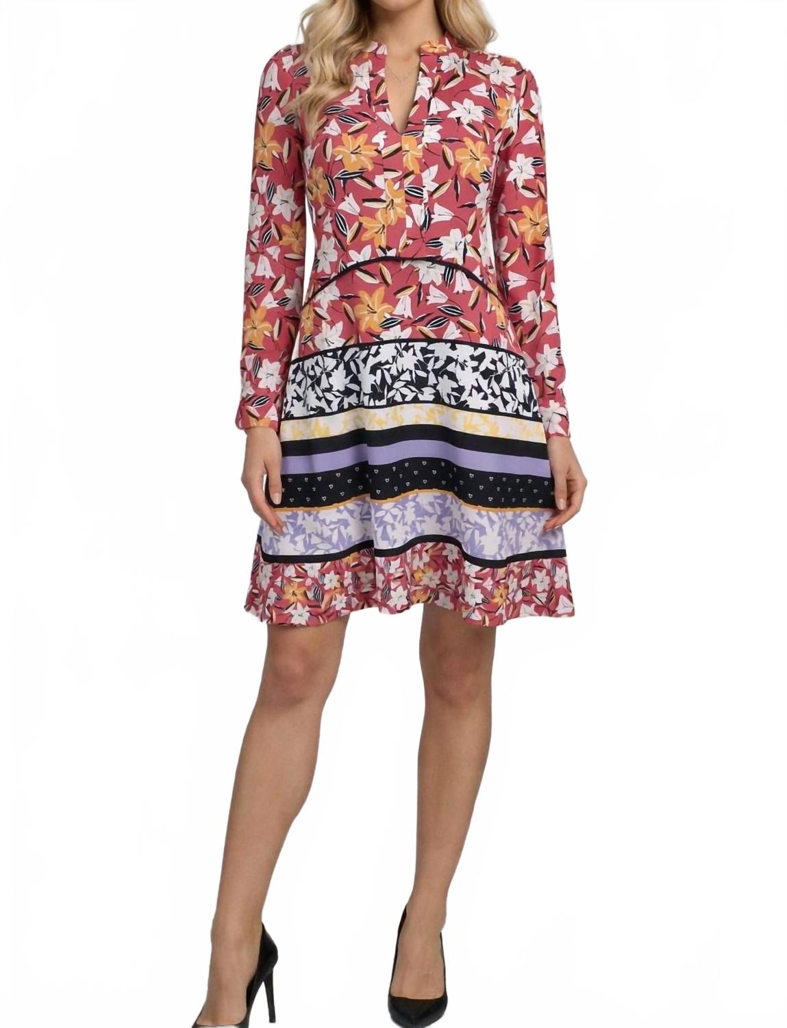 Floral Print Long Sleeve Split V-Neck Dress In Pink