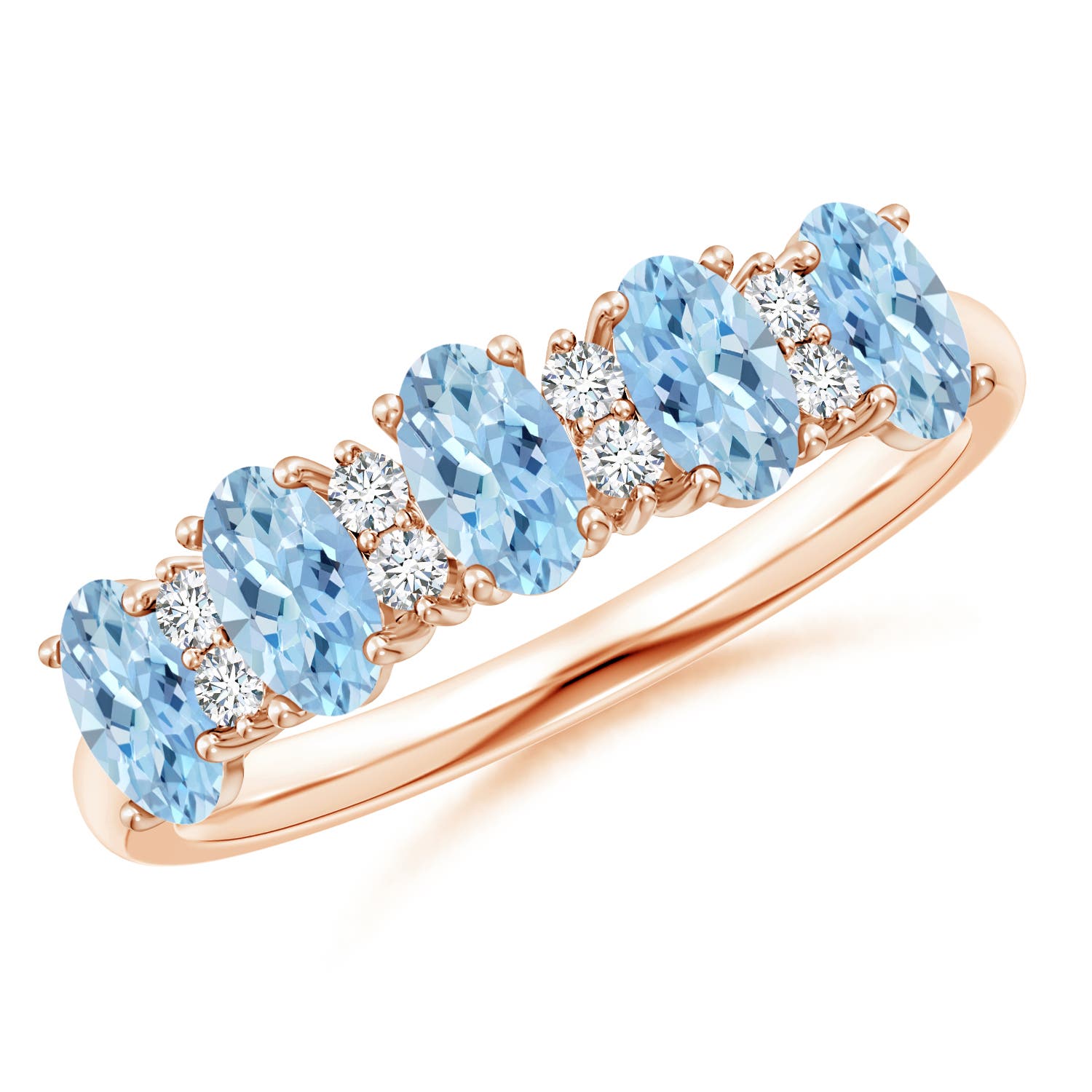Angara 1.0 Carat Five Stone Aquamarine and Diamond Wedding Ring in 14K Rose Gold