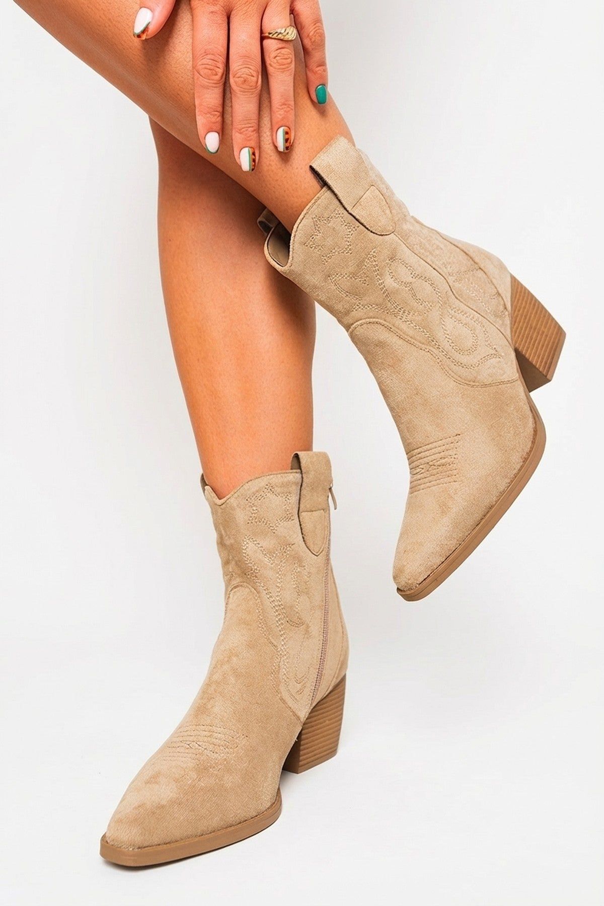IKRUSH Women's Laura Faux Suede Cowboy Ankle Length Boots in Khaki