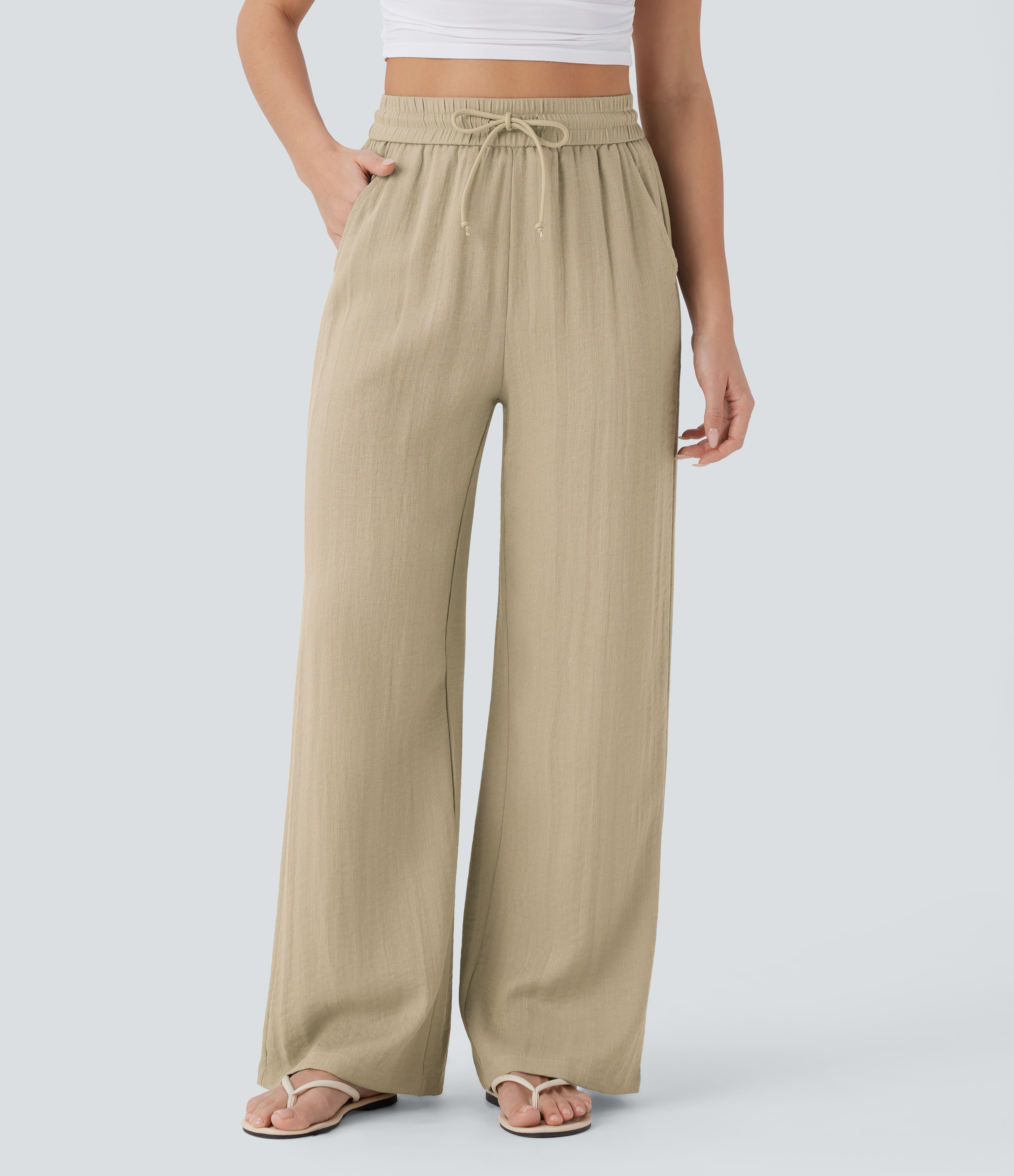 High Waisted Drawstring Pocket Wide Leg Baggy Casual Linen-Feel Pants  - Fields of Rye