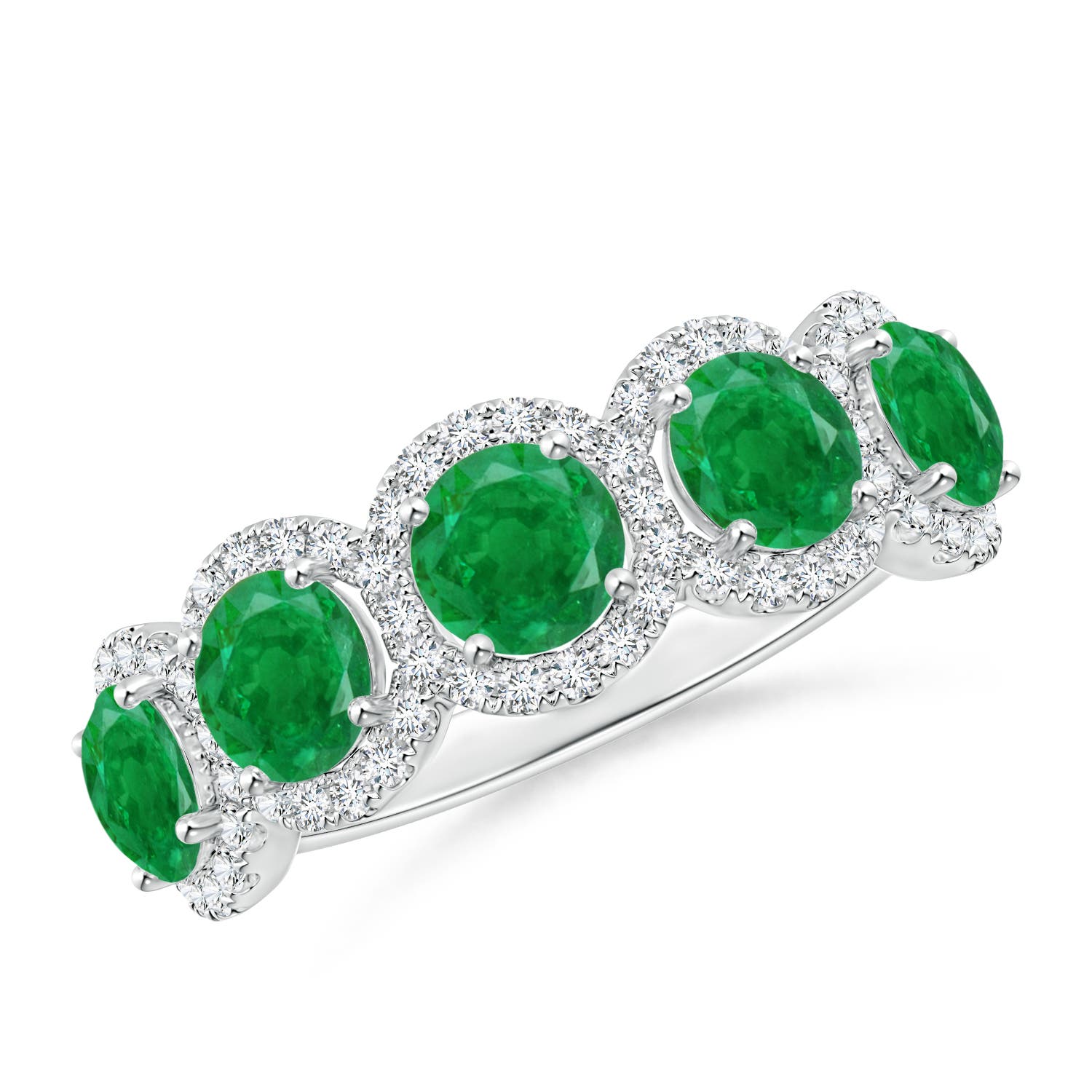 Angara 1.75 Carats Half Eternity Five-Stone Emerald Halo Ring in 14K White Gold