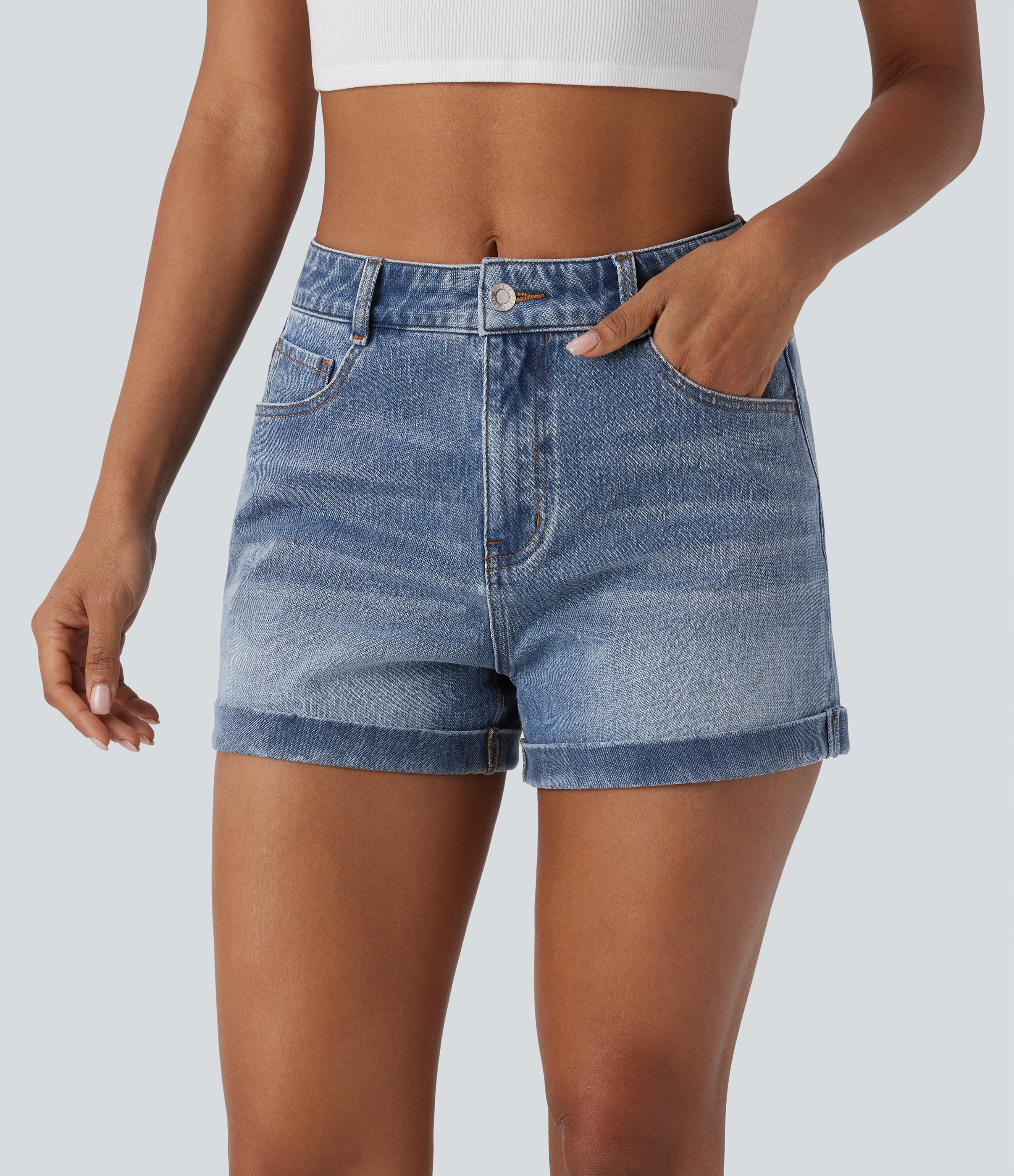 Flex™ Mid Rise Zipper Pockets Denim Casual Shorts 3''  - Cerulean Blue Denim