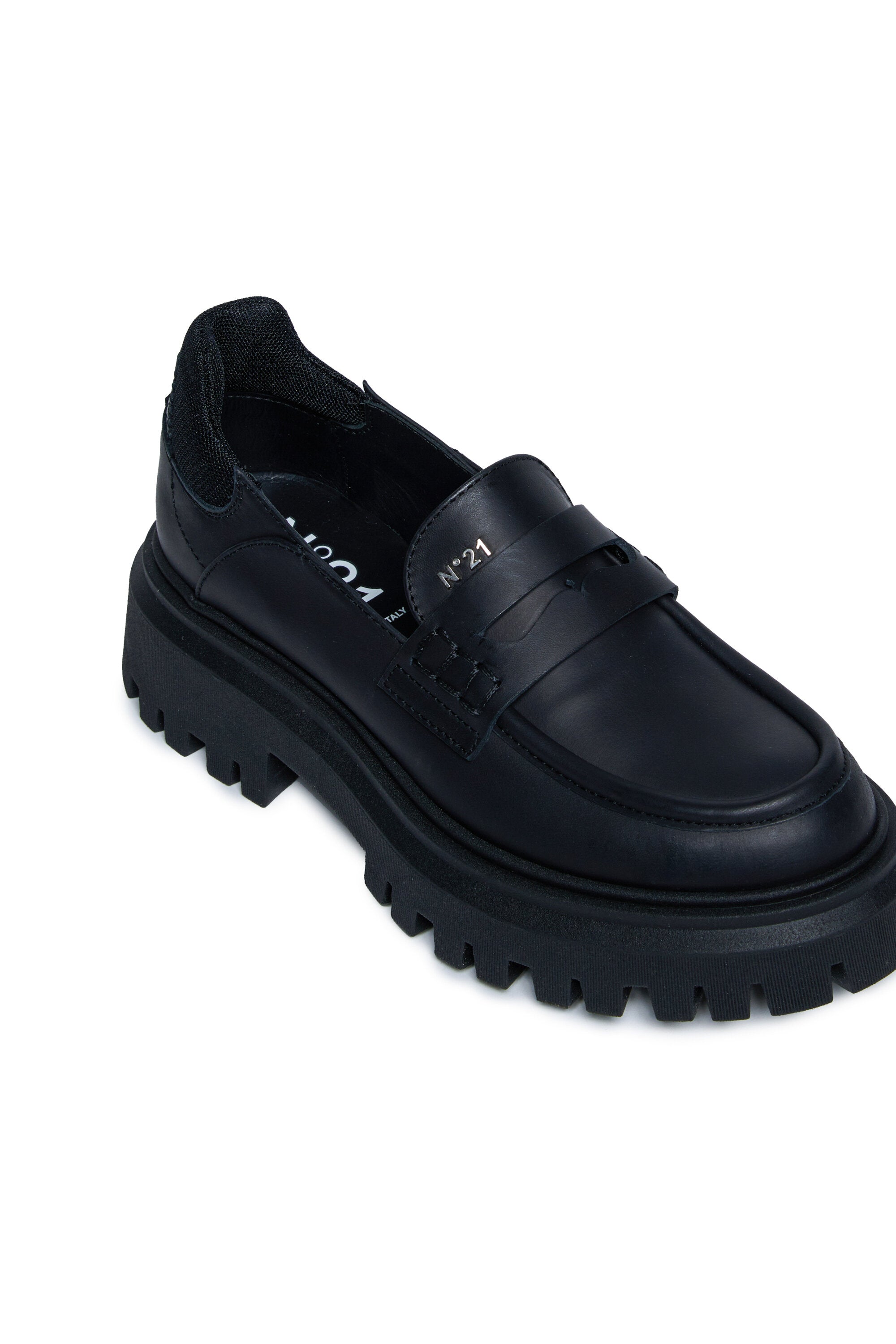 Leather loafers with track sole - Girl - Black