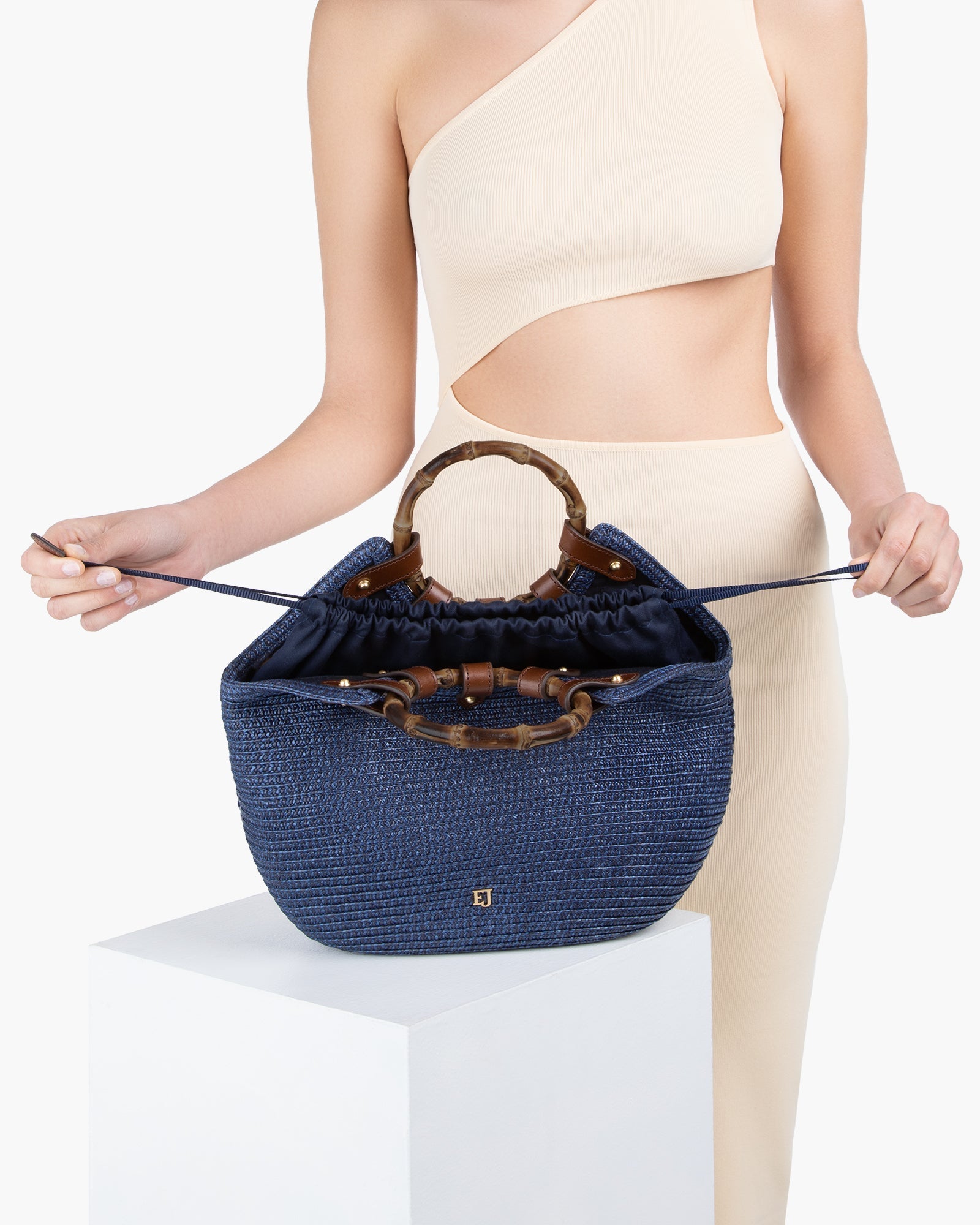 Squishee Straw Bag with Leather Trim and Bamboo Handles for Women