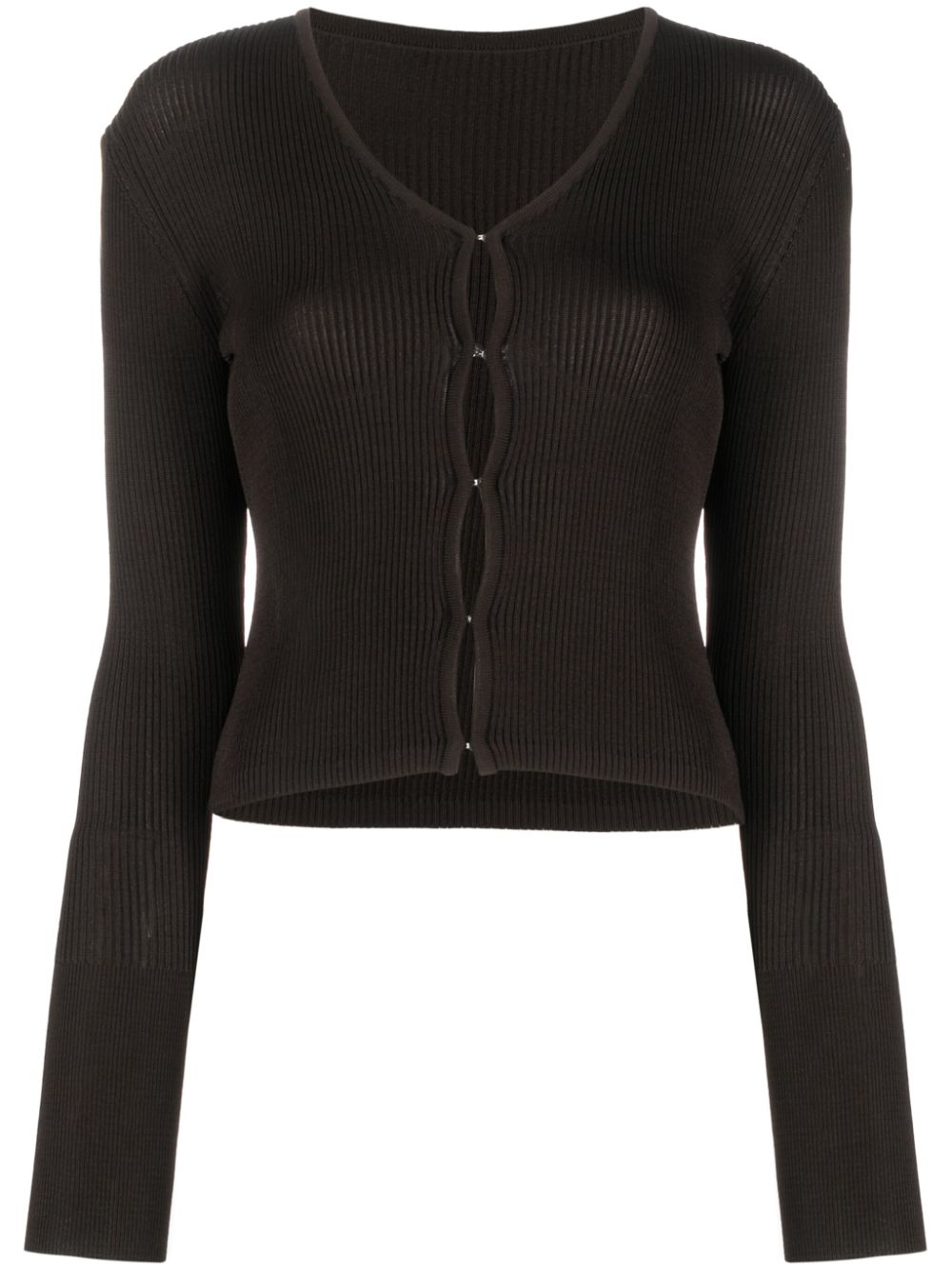 Hook-fastening ribbed cardigan - Brown