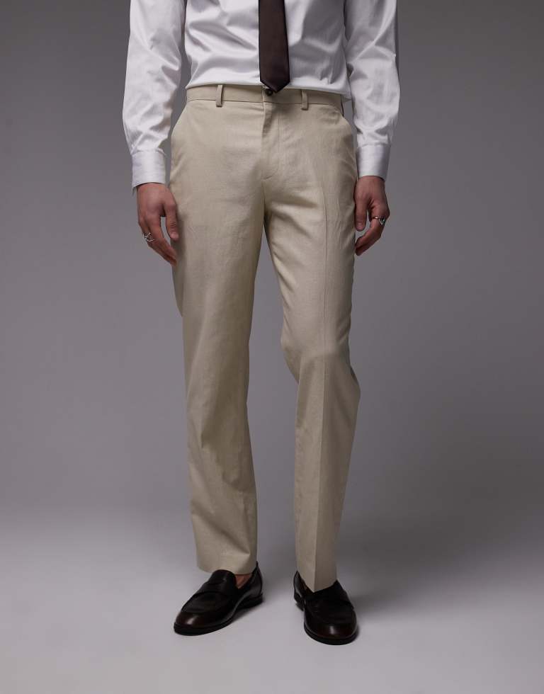 Topman Mens straight linen blend suit trousers in stone - 32 Waist