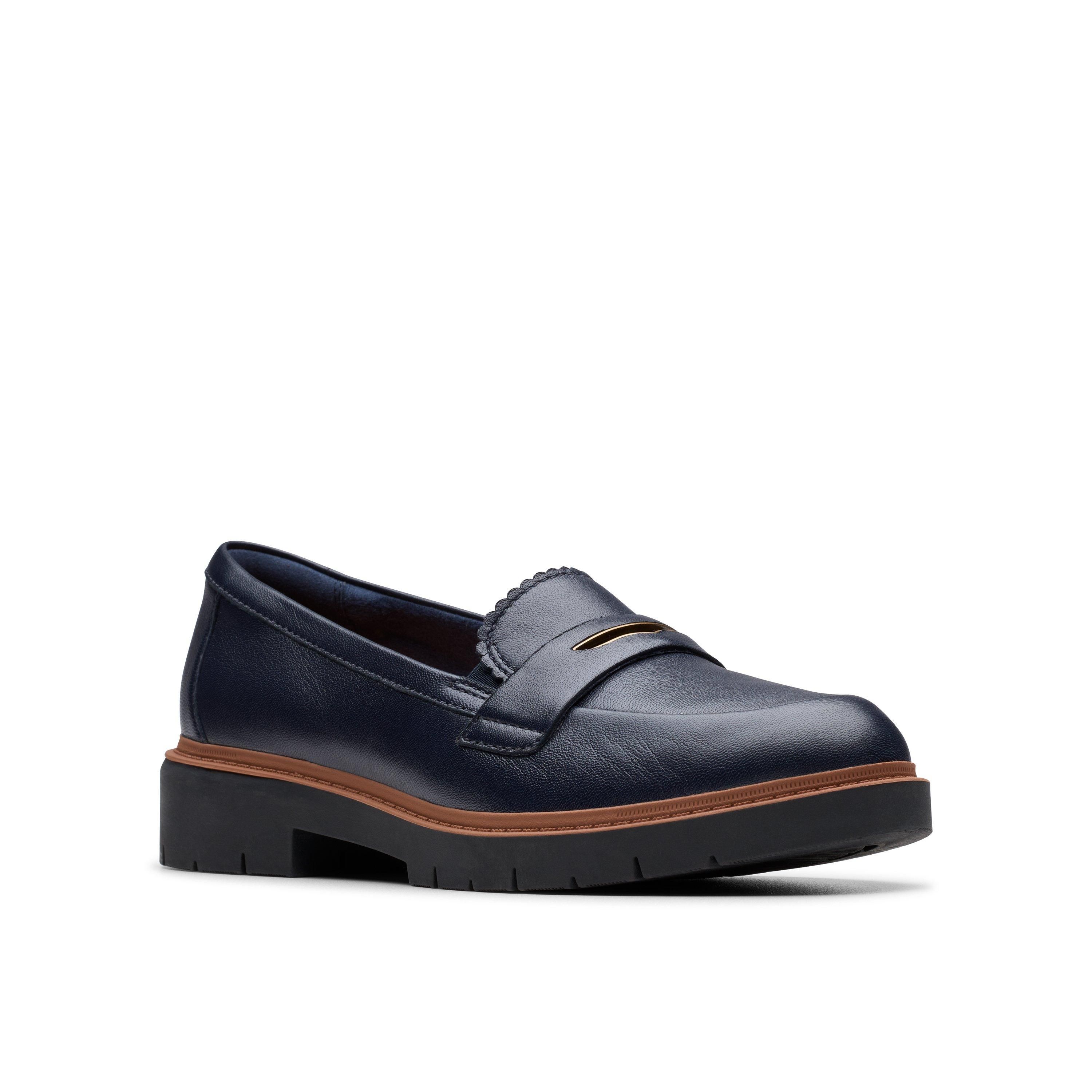 Clarks Women's Westlynn Glow Navy Leather Loafers, Slip Ons in Blue | : 4.5/Standard Fit