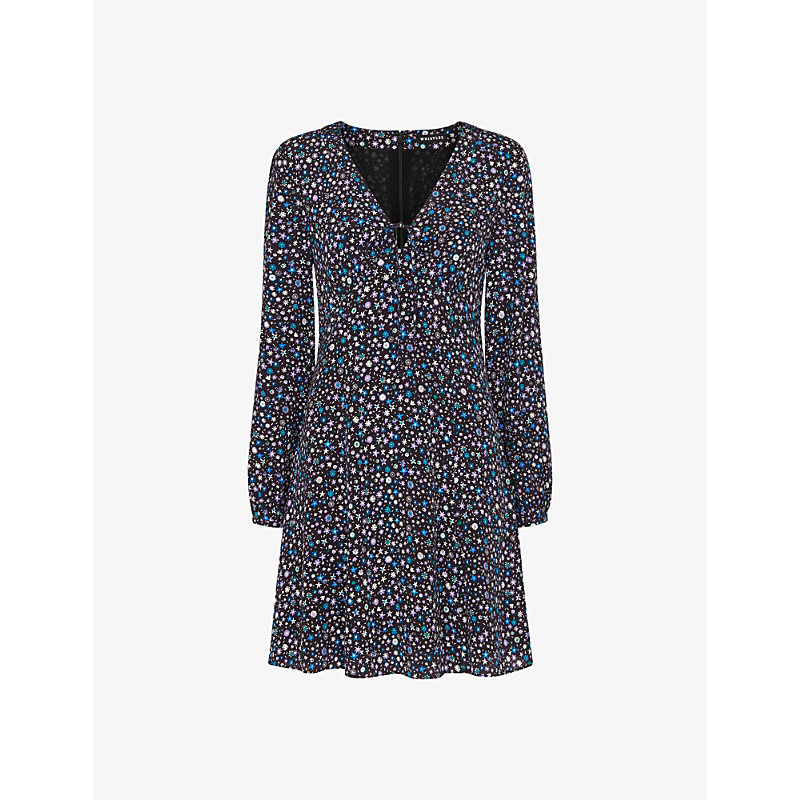 Womens Black/White/Blue Painted Garden Floral-print Woven Mini Dress