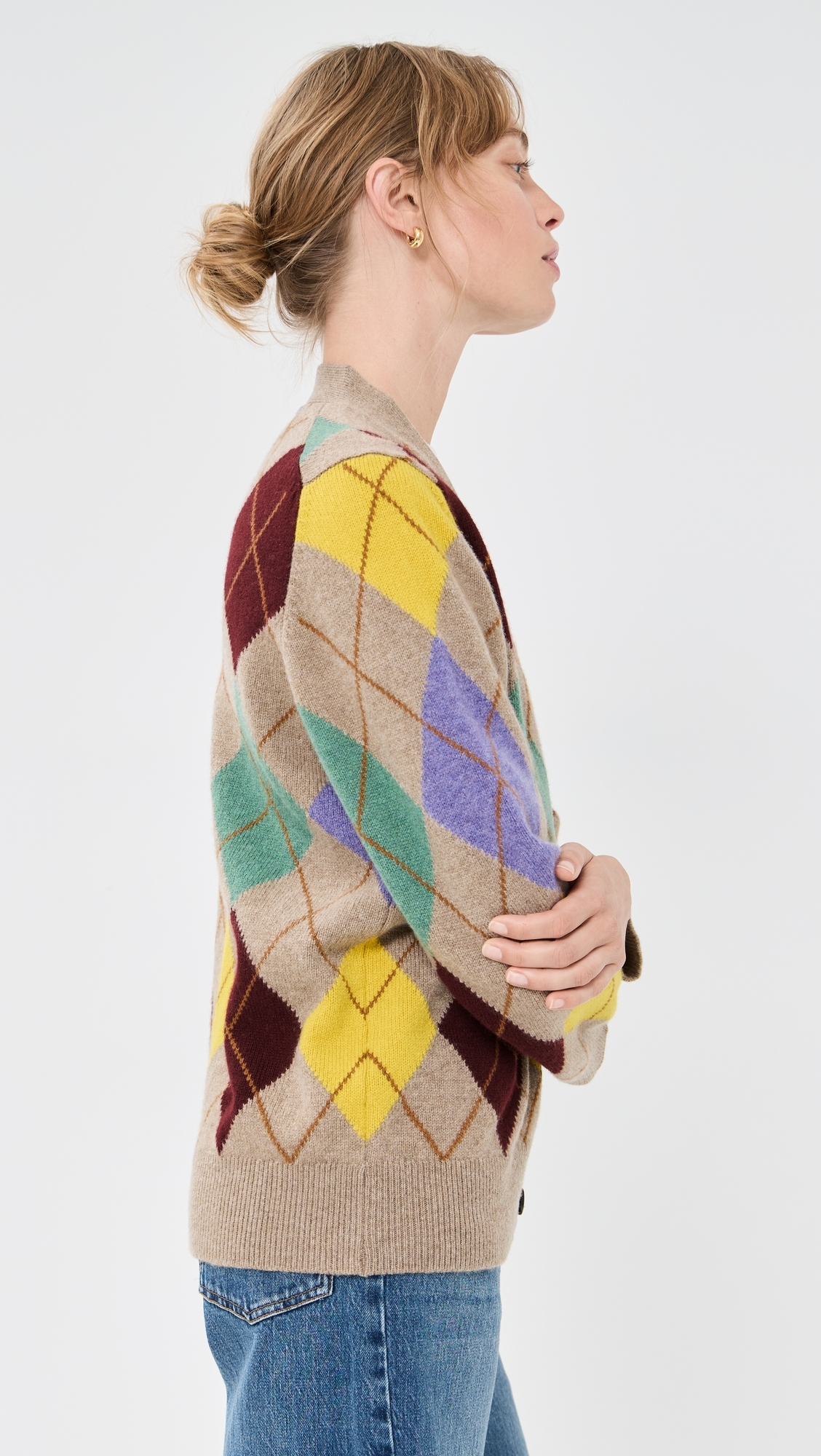 &Argyle Grandad Lambswool Cardigan Dark Natural With Yellow