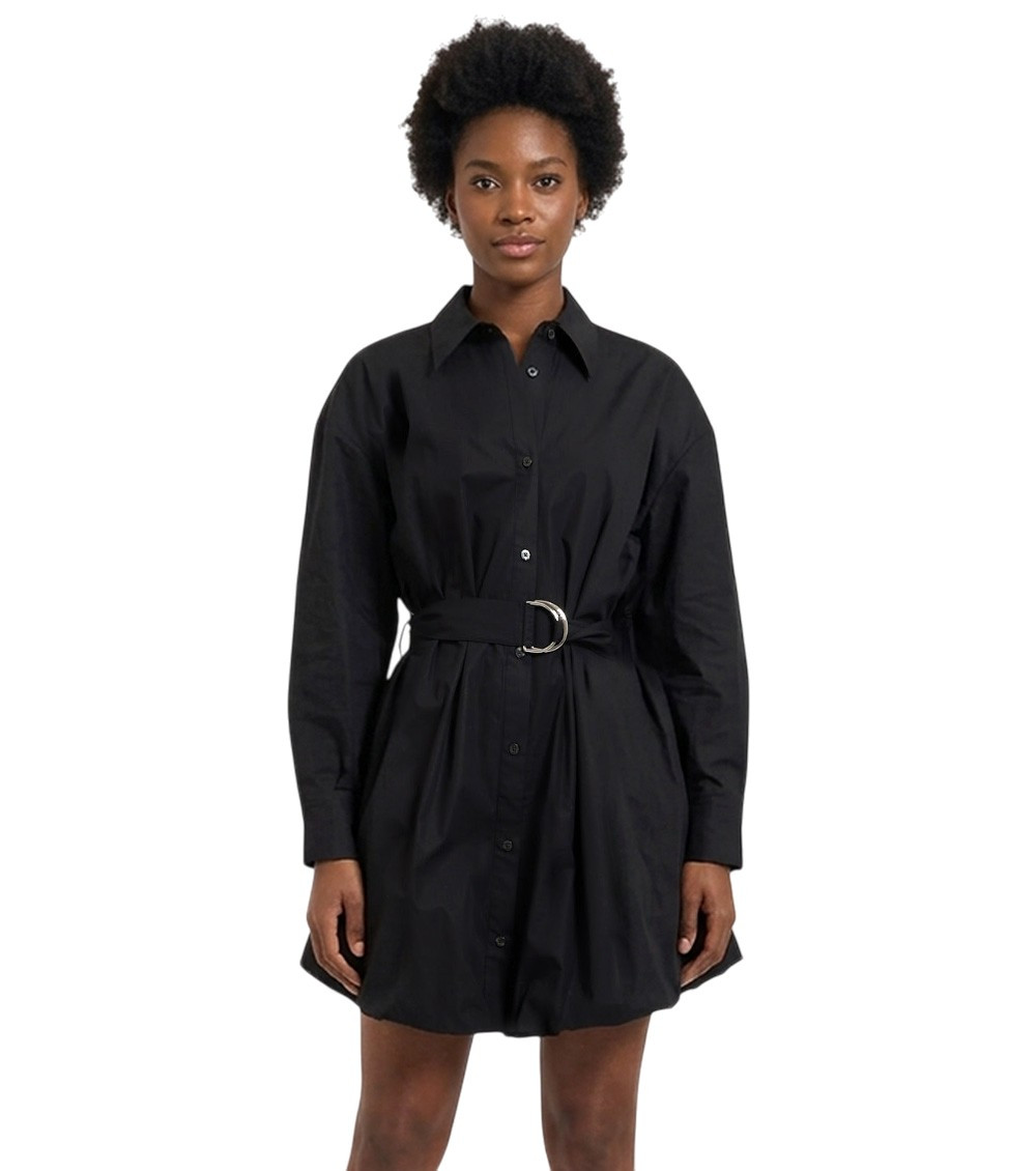 Black Solid Shirt Collar Mini Dress