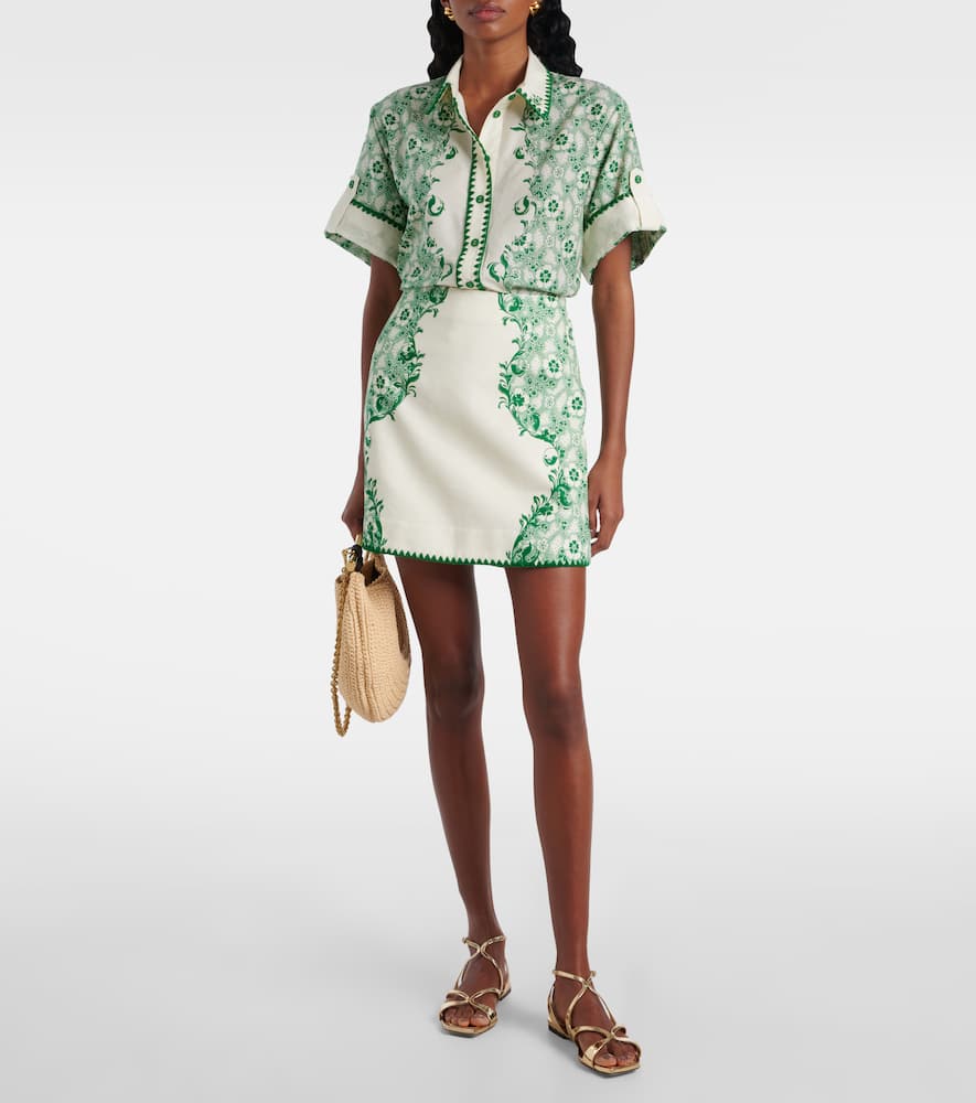 Alémais Olive printed linen and cotton miniskirt