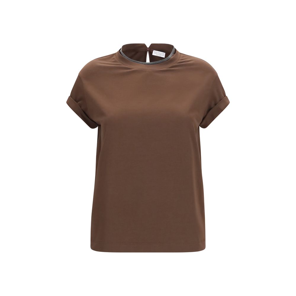 Monili-Trimmed Cotton T-Shirt — Brown