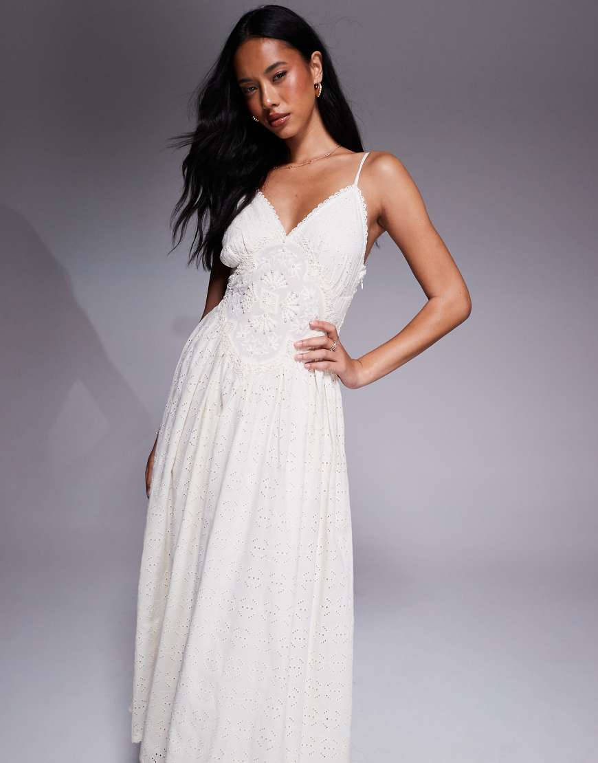 Broderie embellished midi dress in cream-White