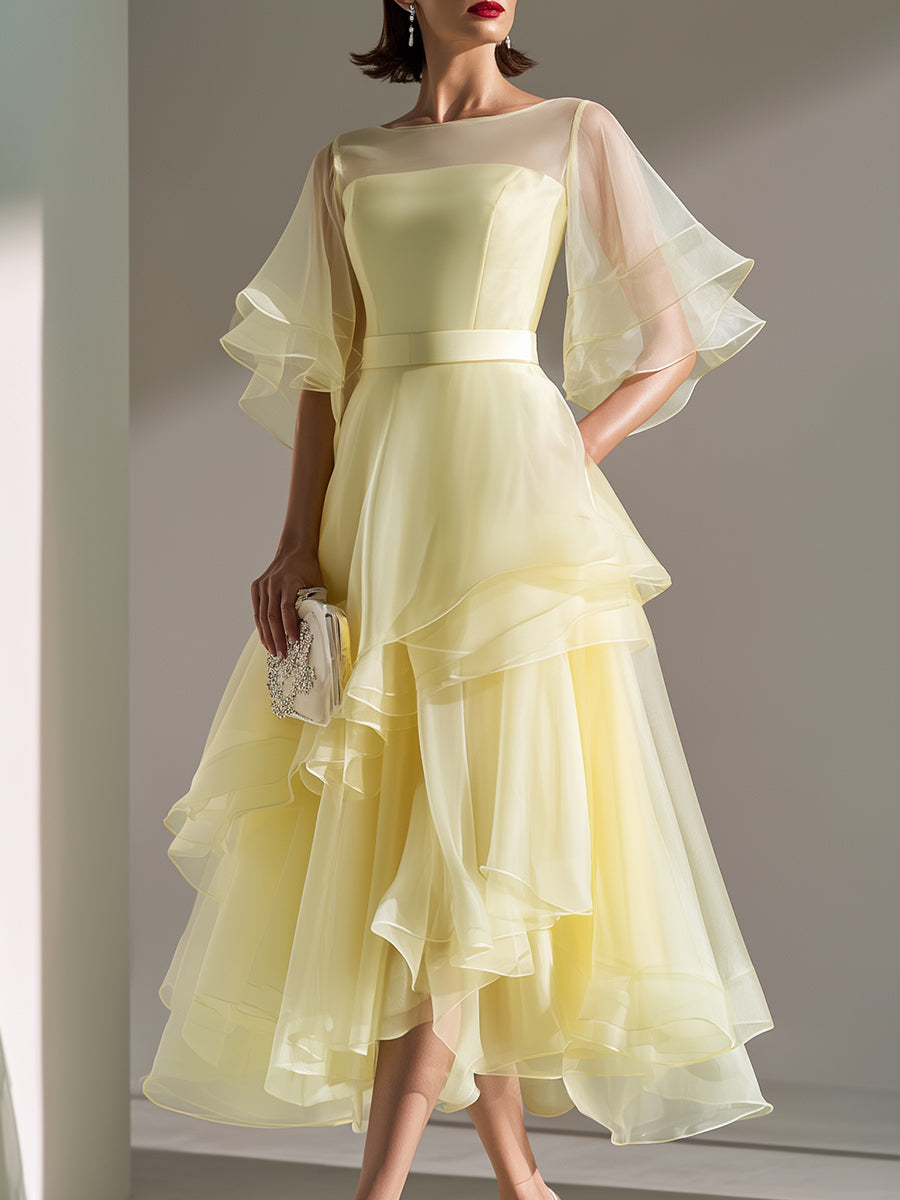 Sheer Yoke Flutter Sleeve Layered Organza Midi Dress - Yellow