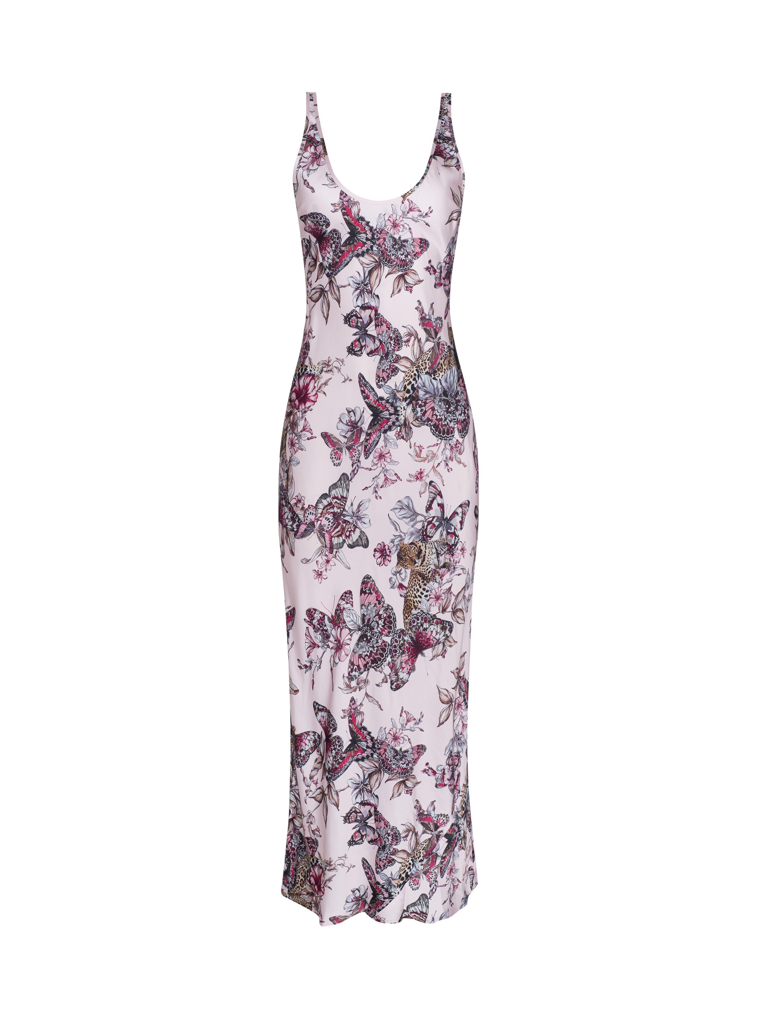 Akiya Satin Maxi Dress In Light Nectar Pink Multi Large Butterfly Jungle