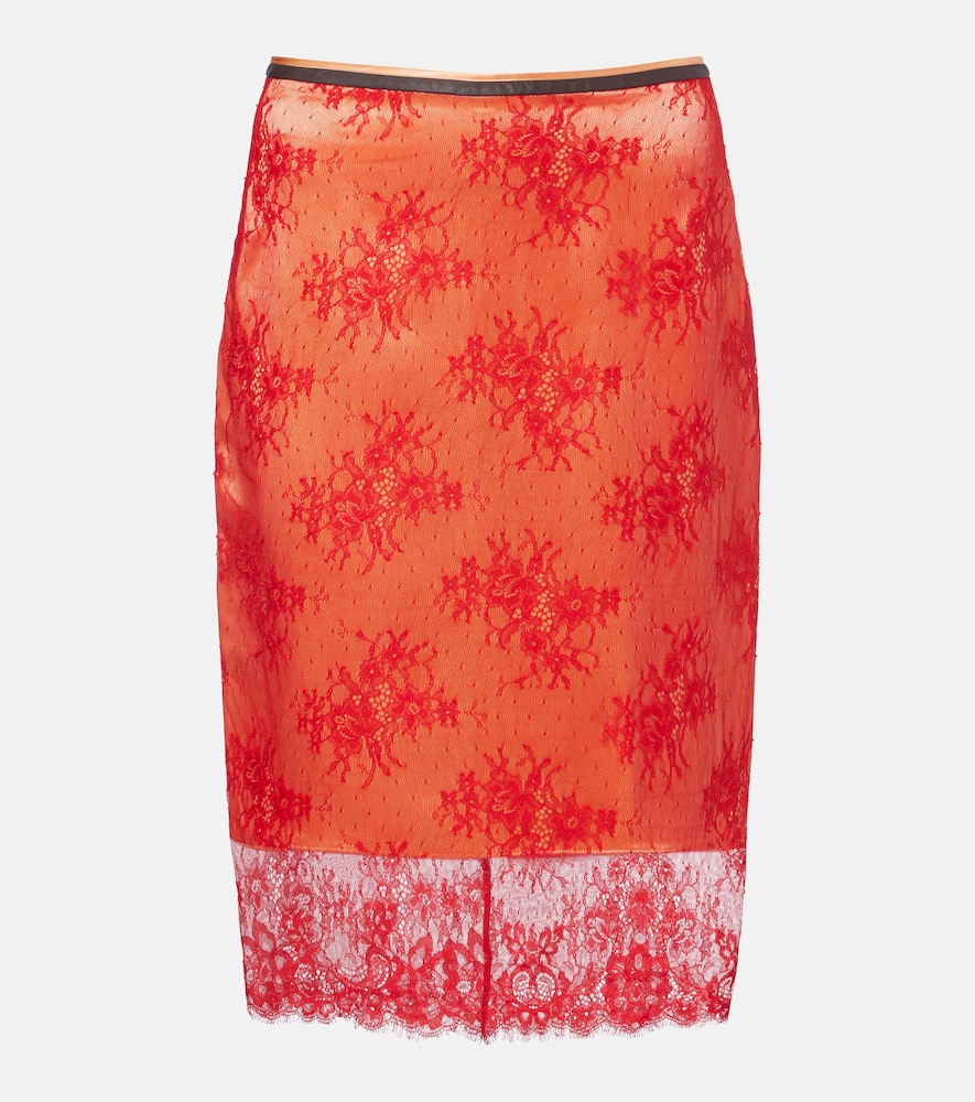 Embroidered leather-trimmed lace midi skirt