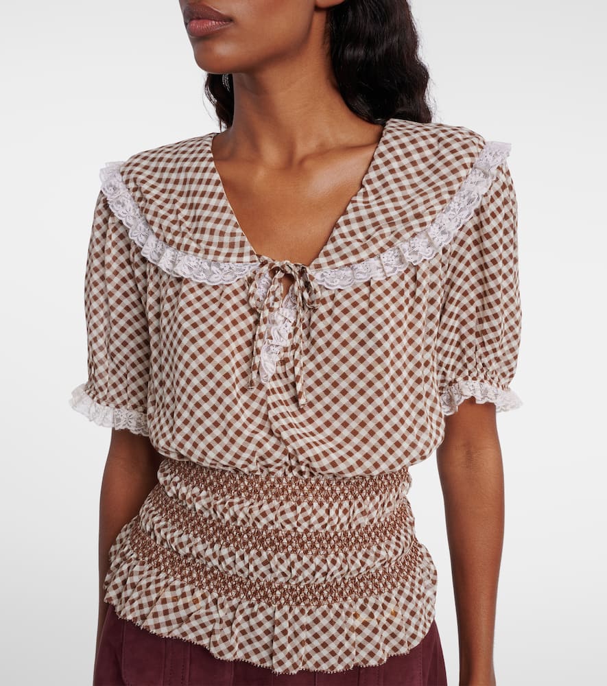 Britt gingham shirred crêpe top