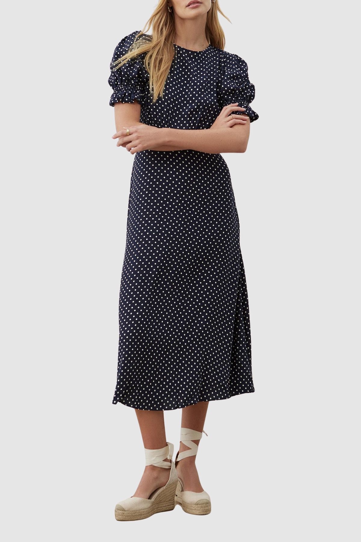 Finery London Mela Polka Dot Midi Tea Dress In Navy