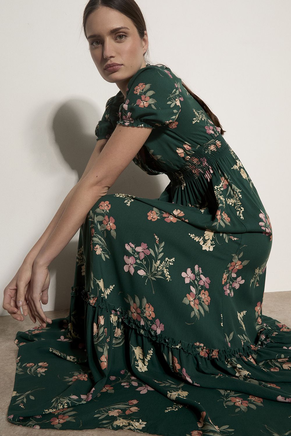 Apricot Women's Watercolour Floral Maxi Dress in Green