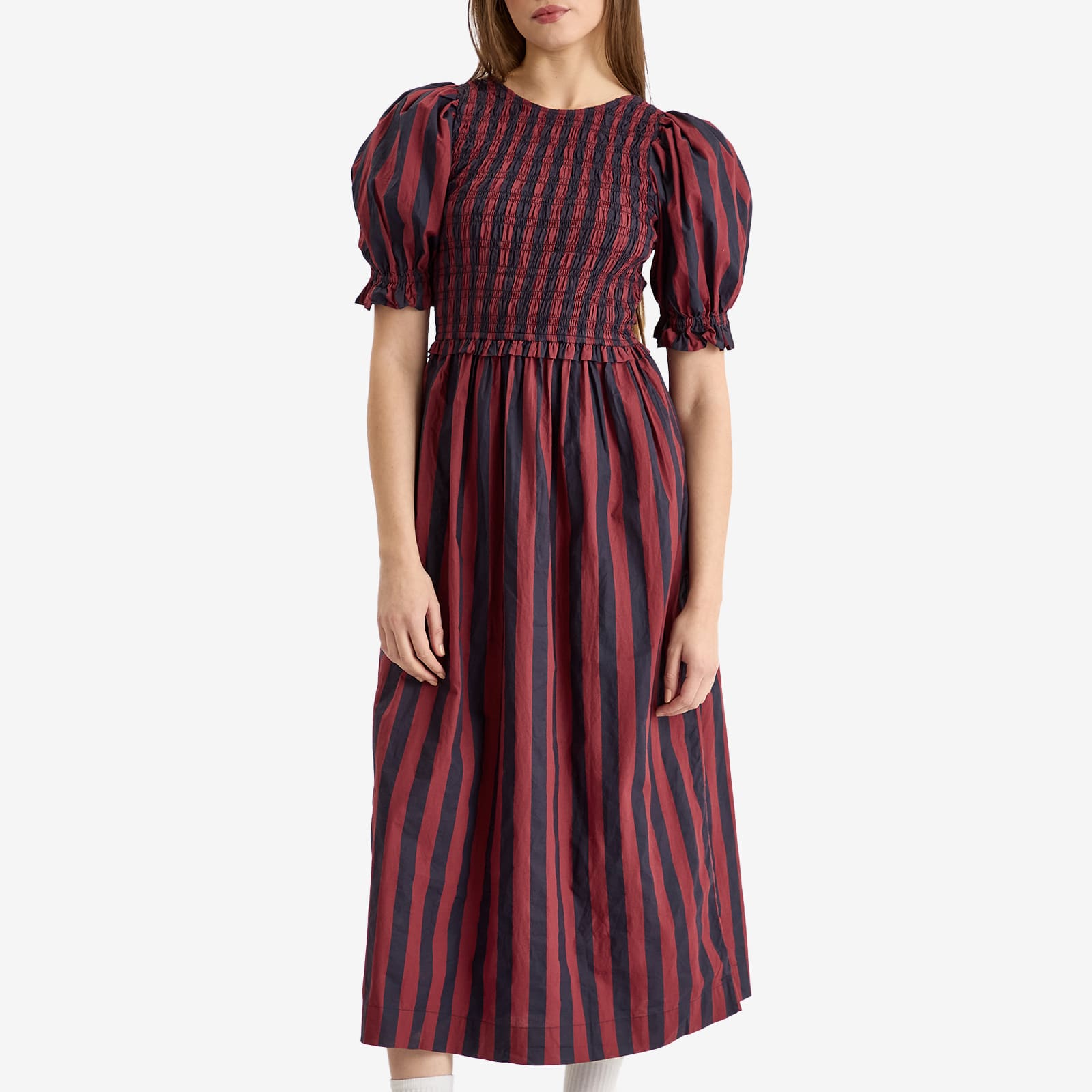 Women's Tie Front Striped Midi Dress in Red And Navy