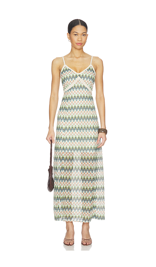 Central Park West Celine Rainbow Crochet Maxi Dress in Beige,Green. XS. Also in S, M