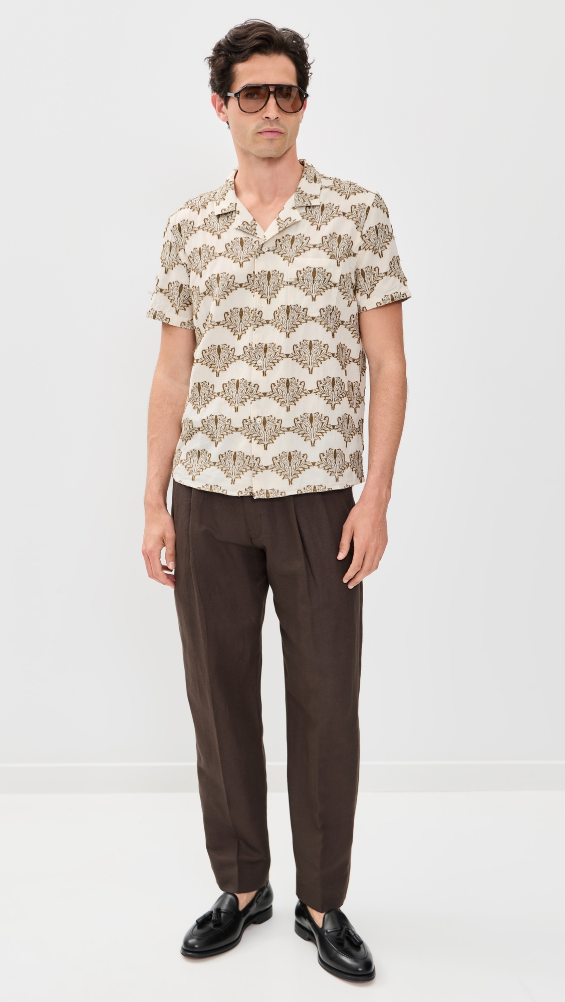 Short Sleeve Botanical Jacquard Camp Shirt Tinted White/Olive