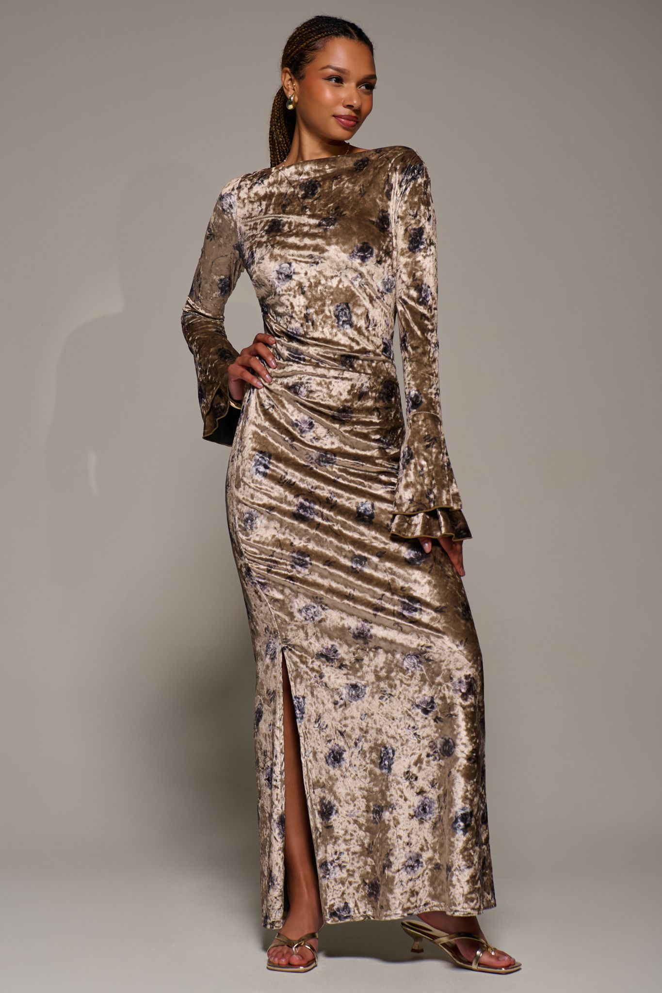 Jolie Moi Women's Ruffle Sleeve Boat Neck Velvet Maxi Dress in Gold