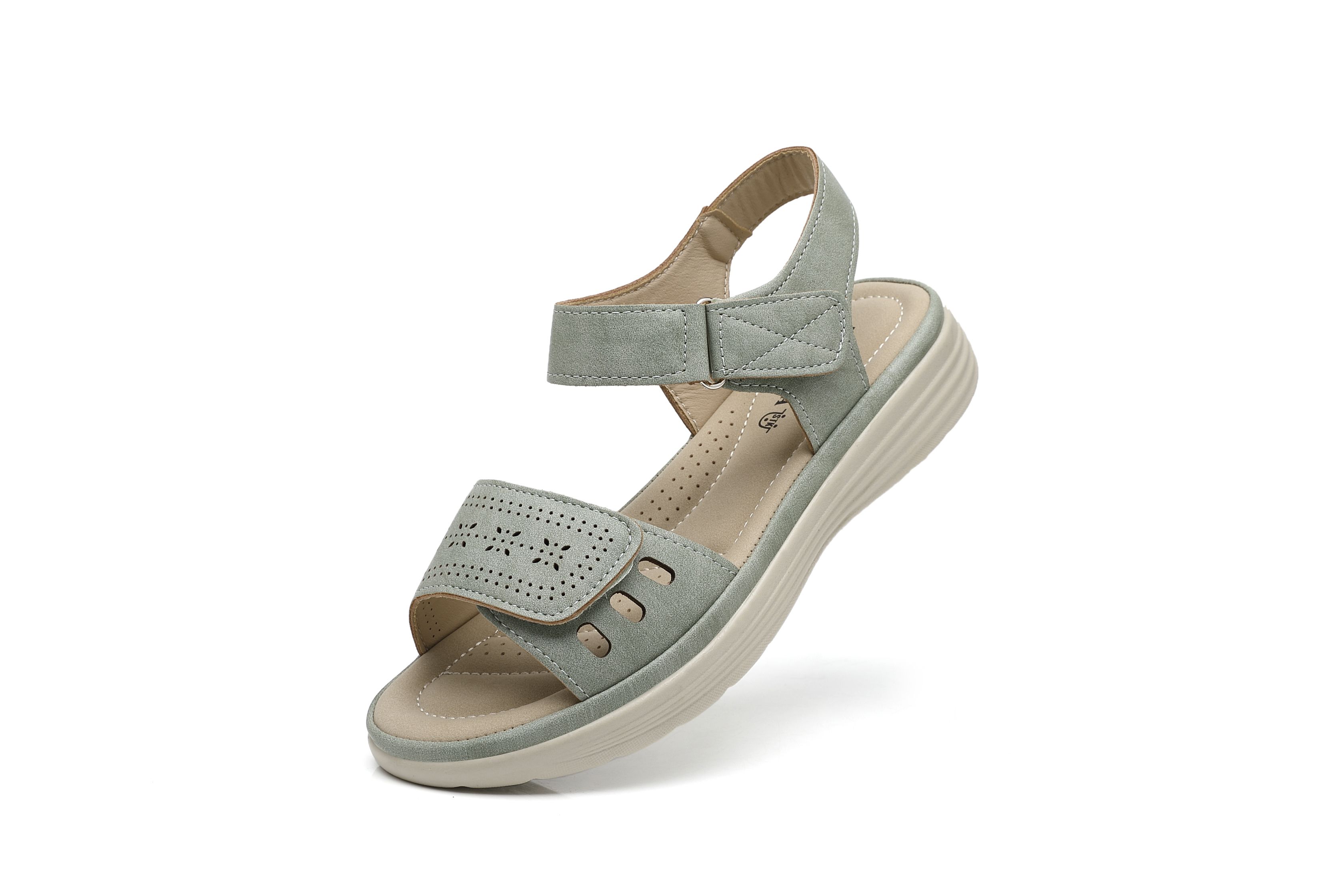 Ivachy Adjustable Strap & Cushioned Hook And Loop Comfort Wedge Sandals In Green