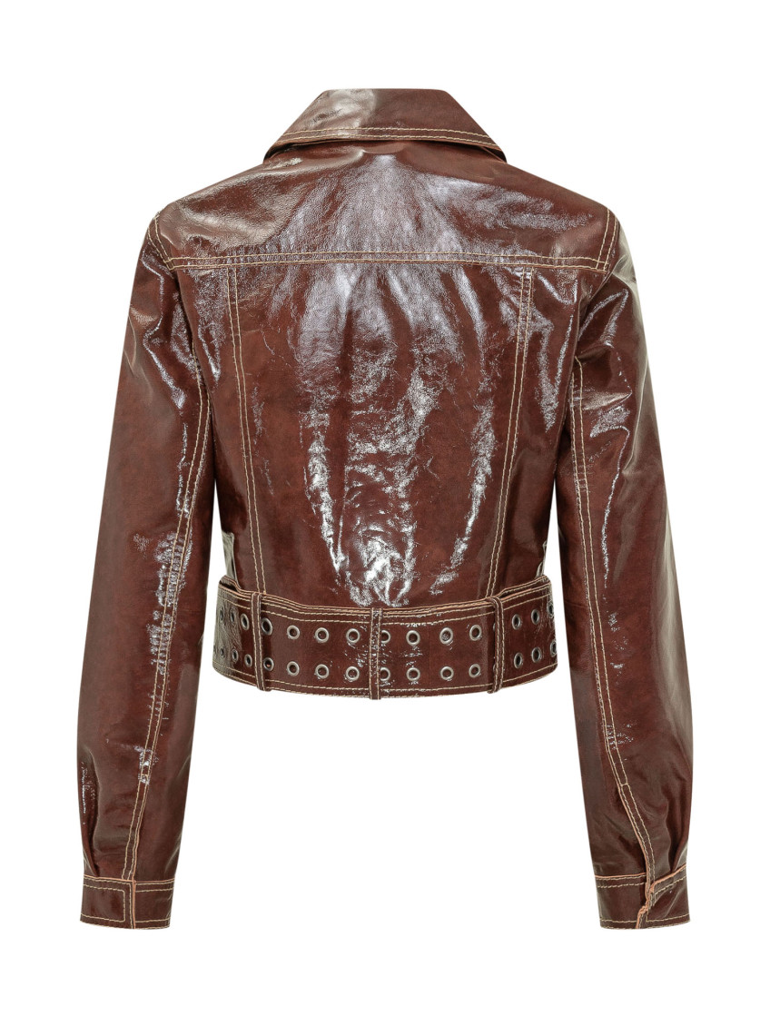 Patent-leather jacket with large belt - Leather jackets - Woman -