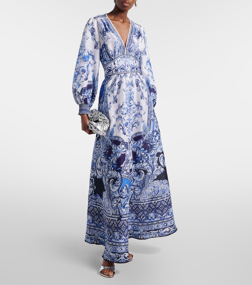 Printed linen and silk maxi dress