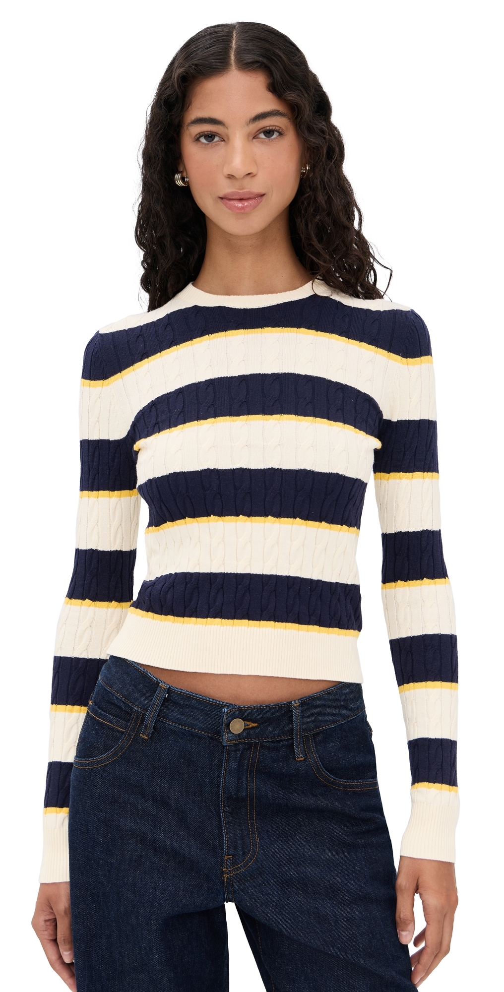 Cable Knit Pullover Ivory/Navy/Yellow