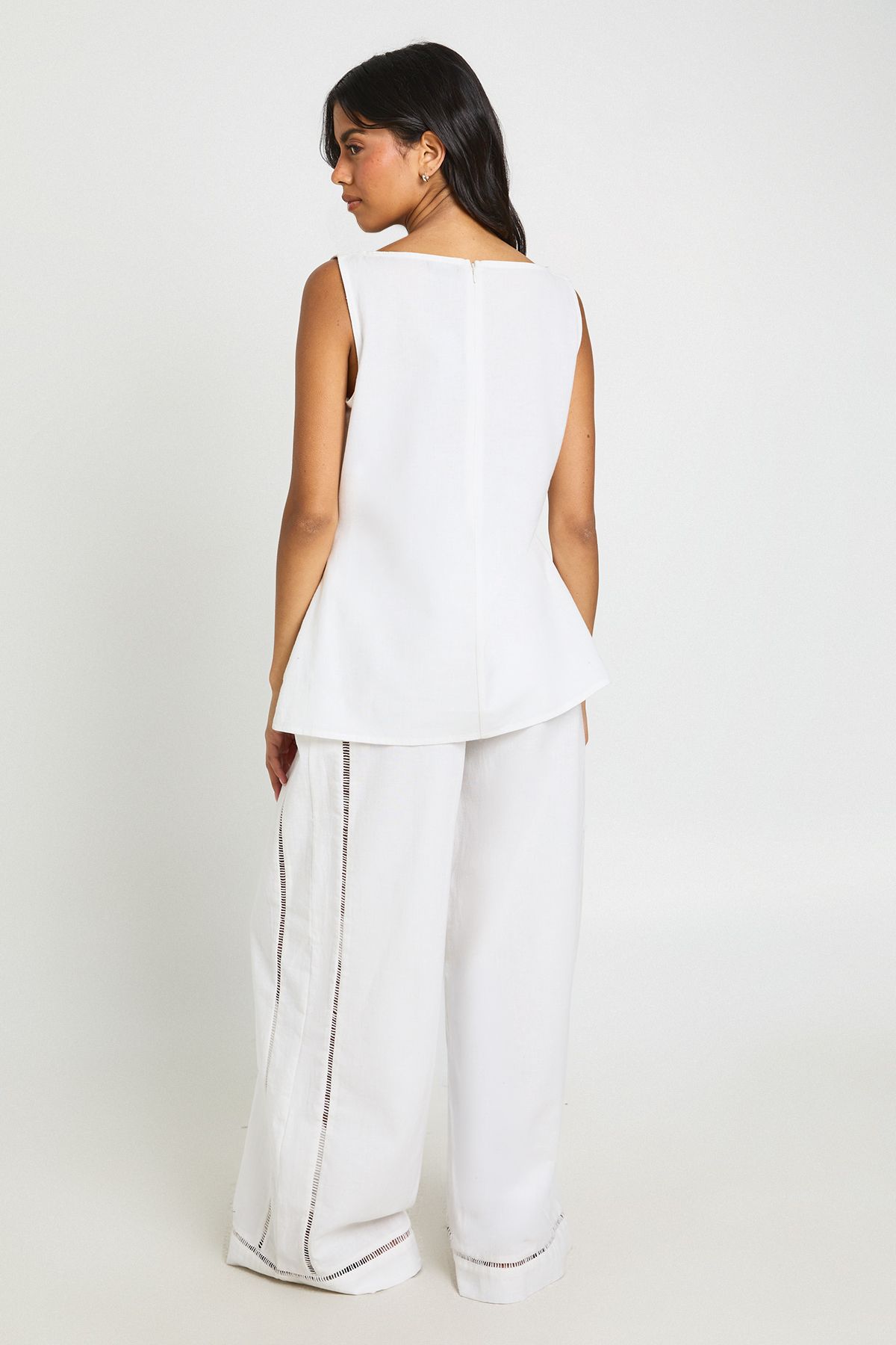Boohoo Womens Linen Ladder Insert Boxy Top and Wide Leg Trouser Co-ord - White