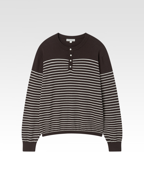 Striped Plus Henley Neck Knit Brown