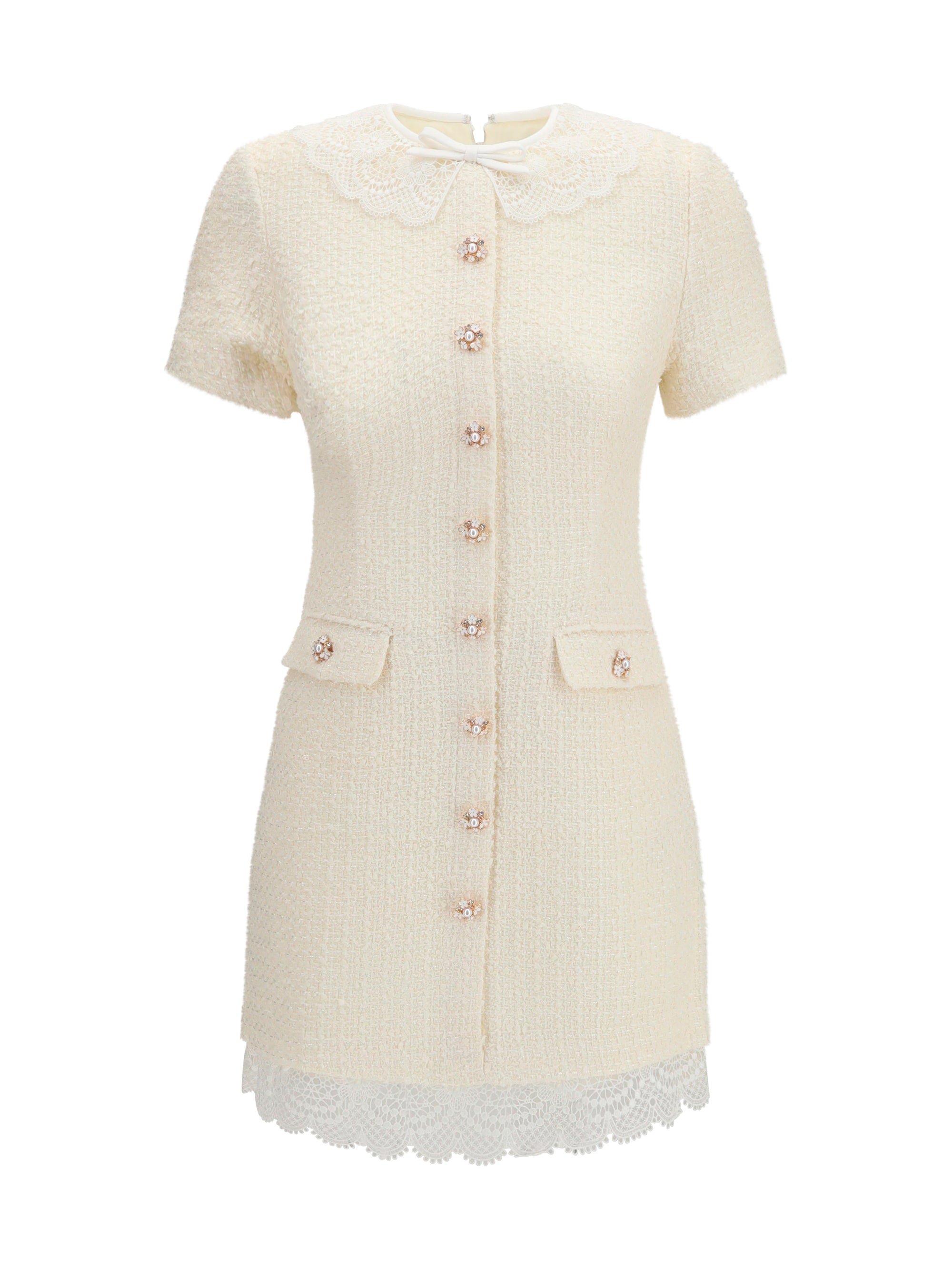 Bouclé Lace Insert Mini Dress — Beige
