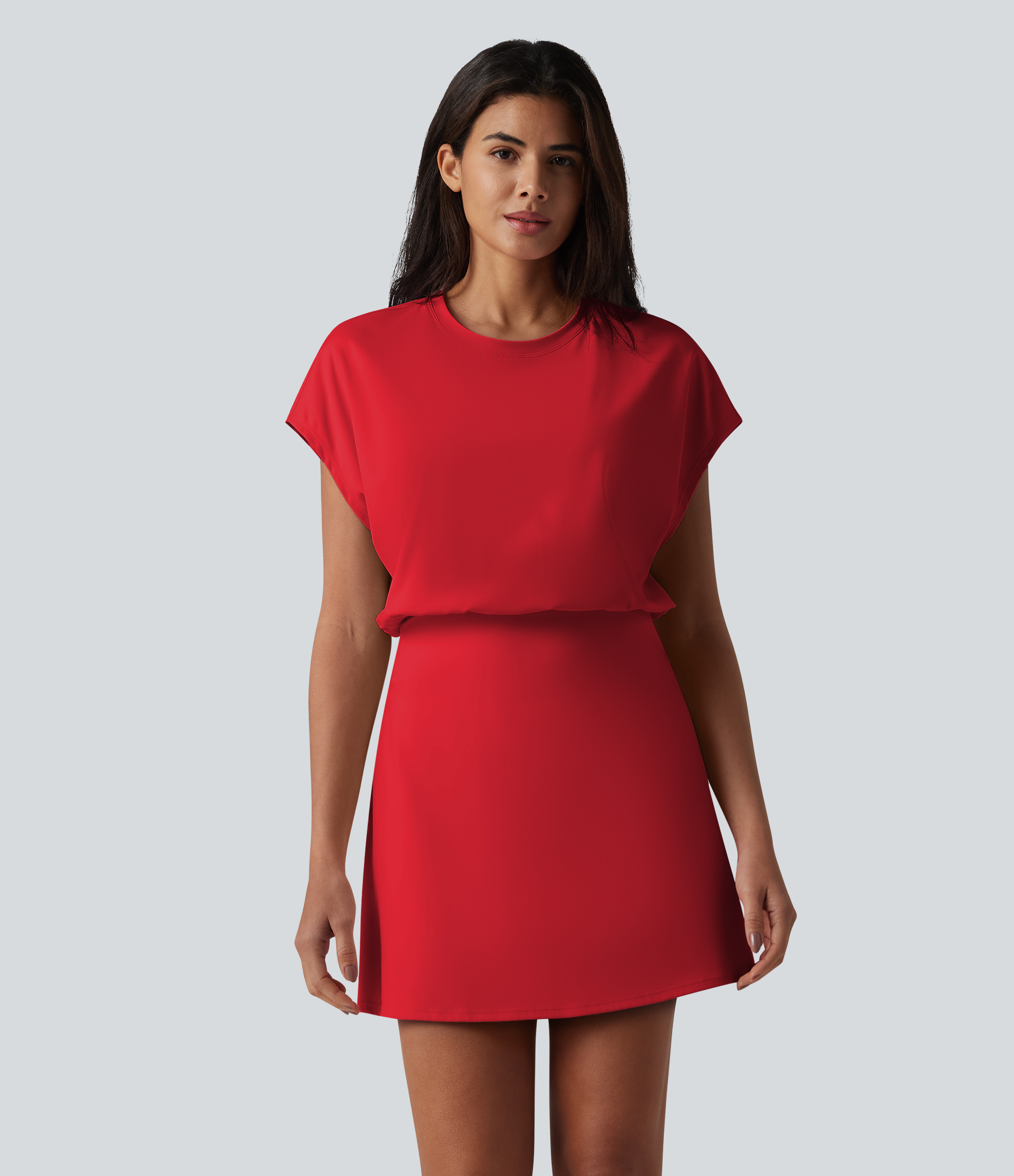 SoftlyZero™ Airy Round Neck Short Sleeve 2-in-1 Cool Touch Mini Yoga Active Dress with Pockets-Easy Peezy Edition Workout Dress - Salsa