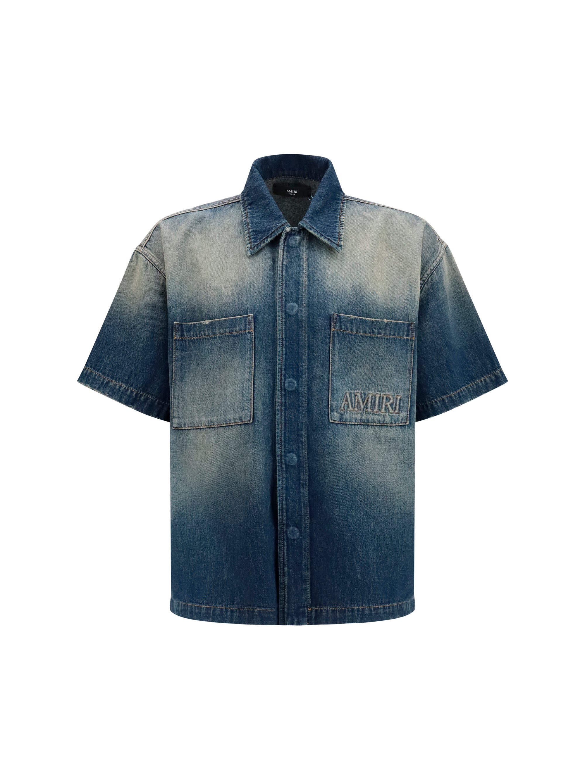 Embroidered Logo Denim Shirt — Blue