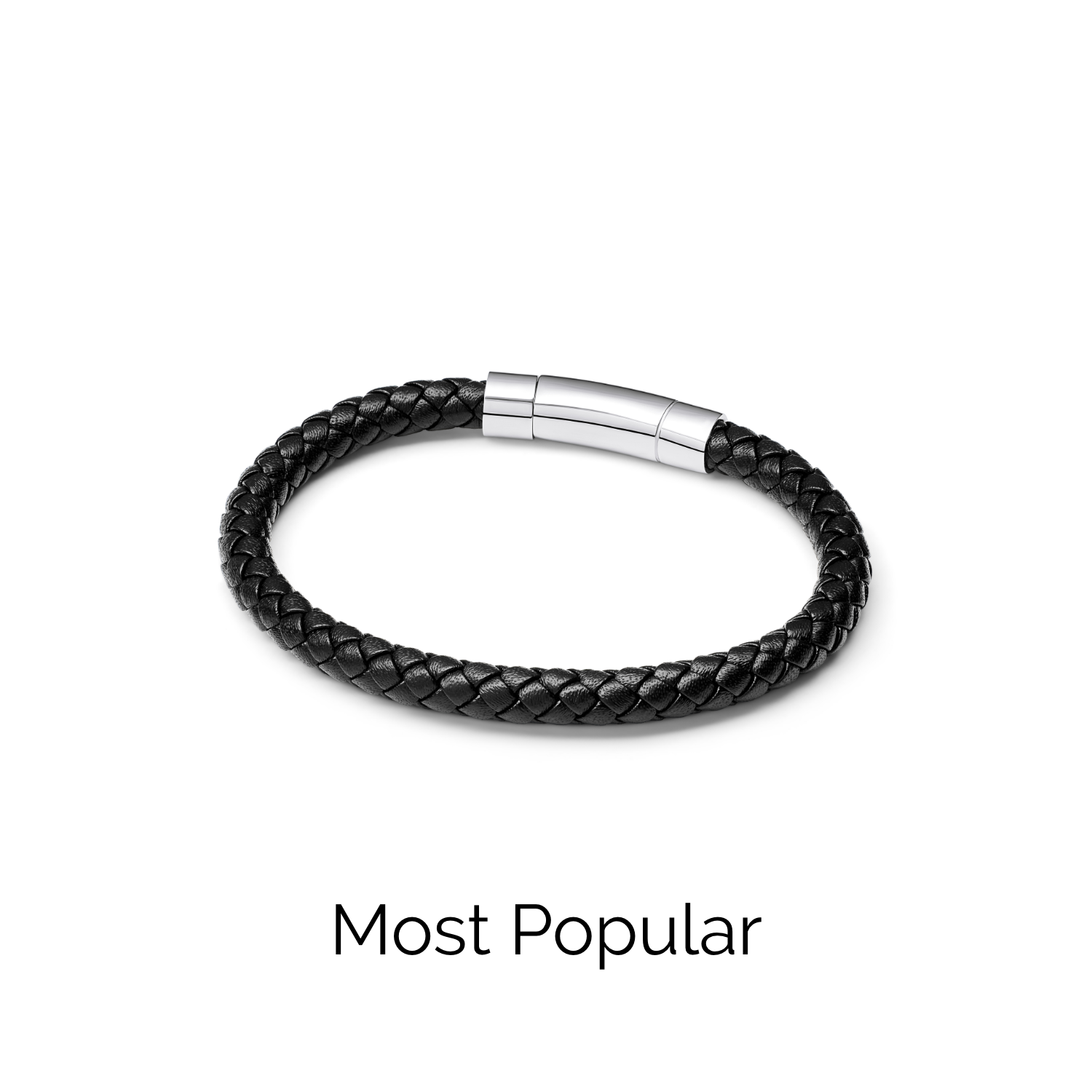 Men's Black Bonded Leather Bracelet (Silver)