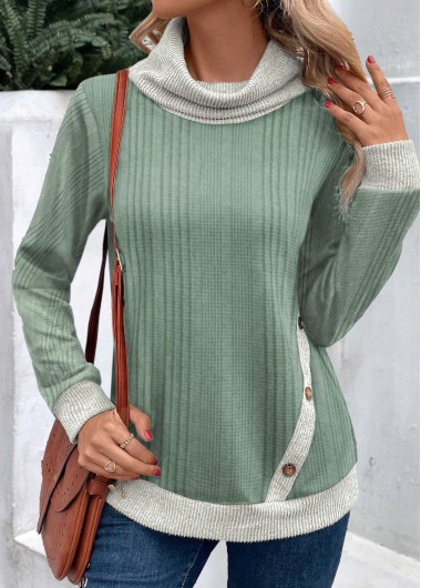 Modlily Sage Green Patchwork Long Sleeve Cowl Neck Sweatshirt