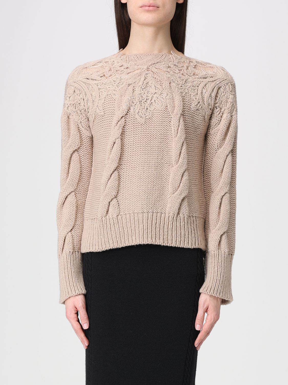 Lace-insert cable-knit sweater - Brown