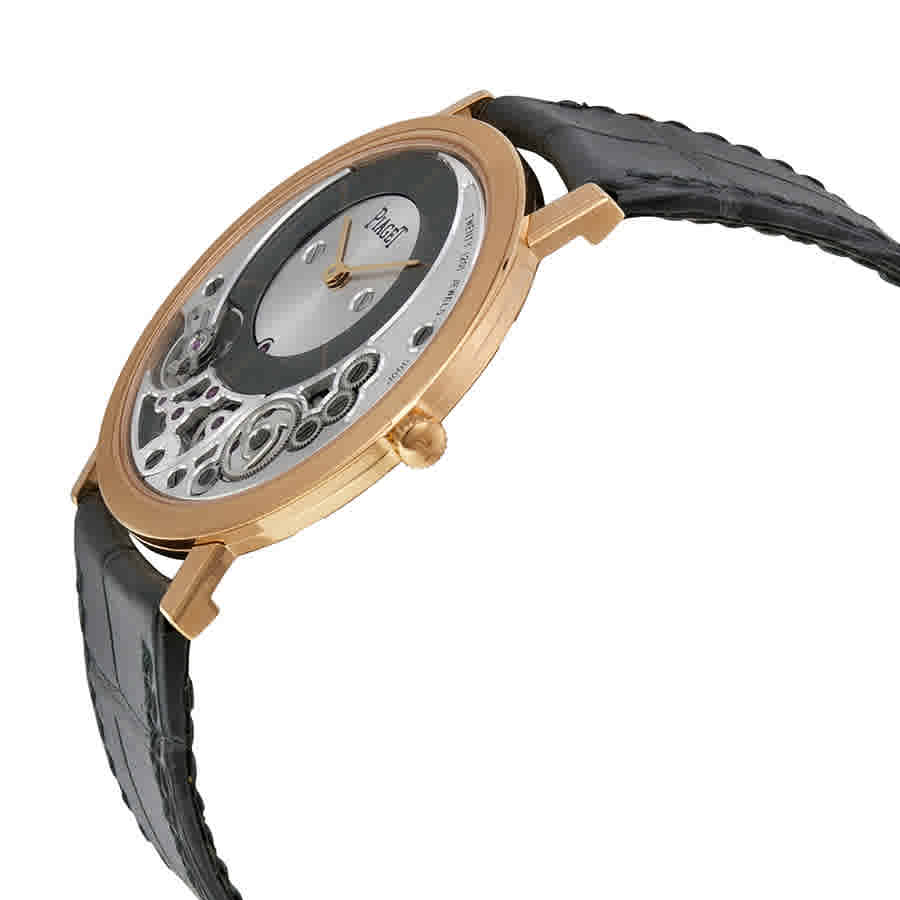 Altiplano Silver and Black Skeleton Dial 18kt Rose Gold Gray Leather Mens Watch GOA39110