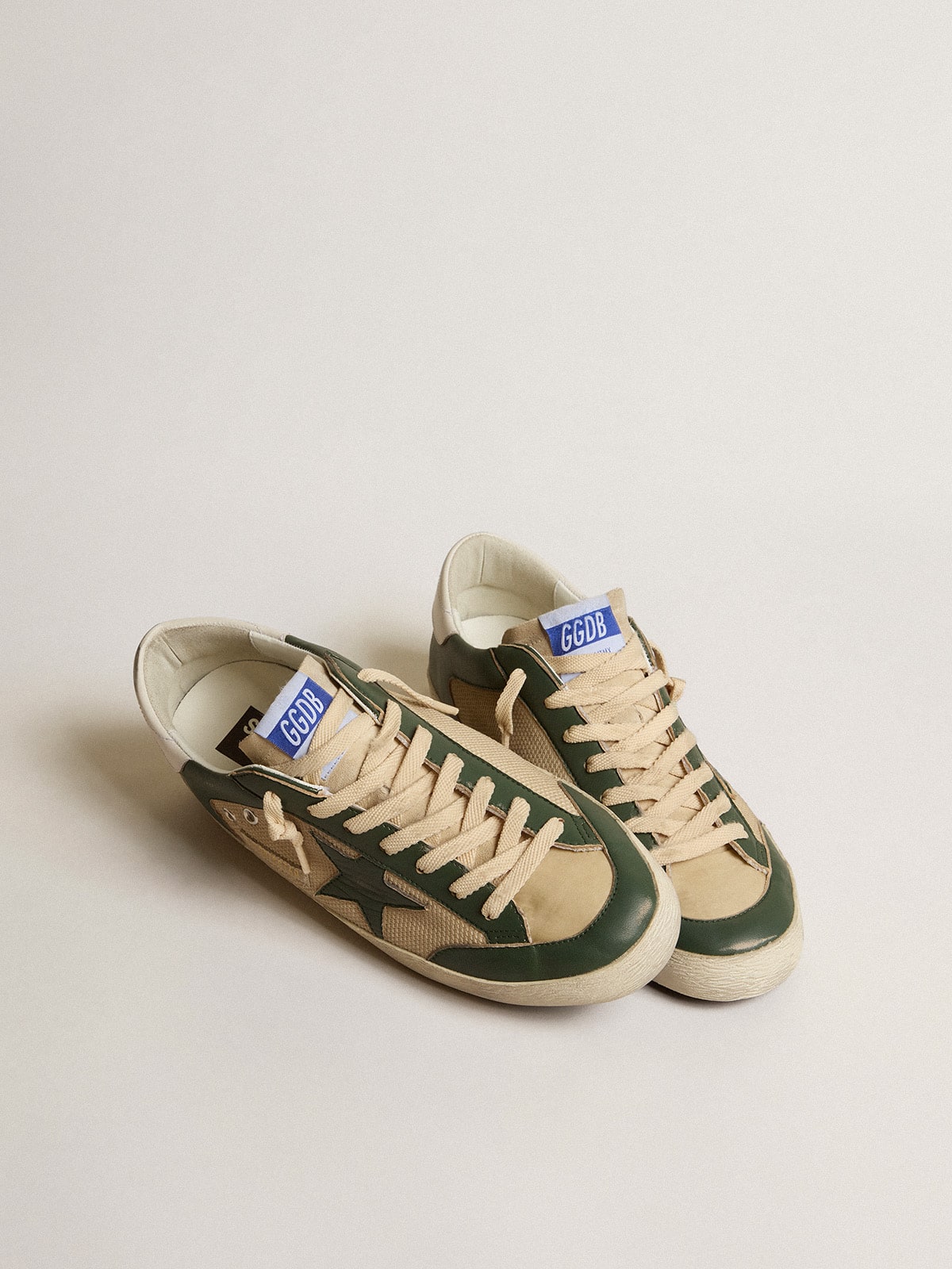 Golden Goose - Men's Super-star In Cream Mesh And Green Nappa With Nappa Star, Man