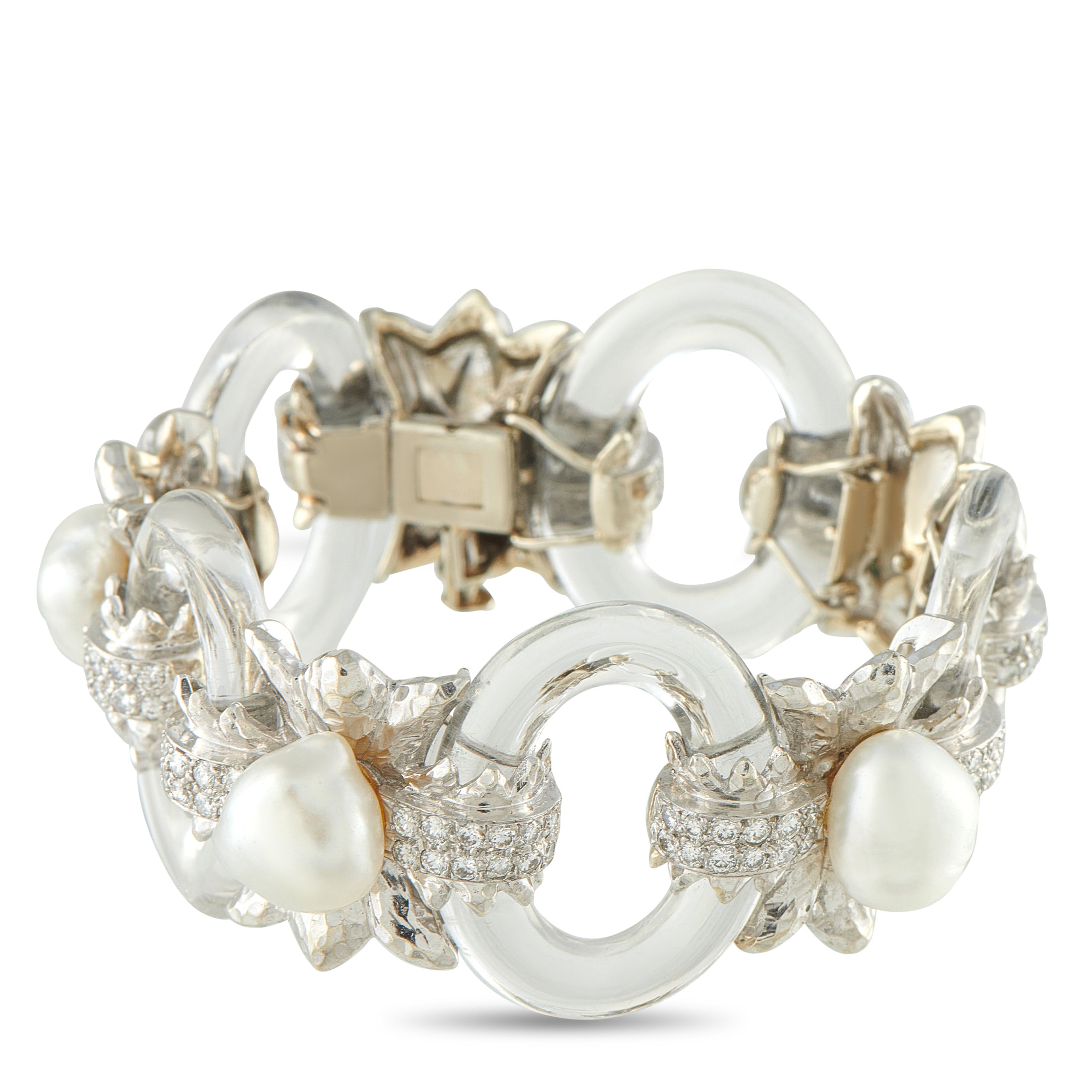 18K White Gold and Platinum Rock Crystal and Pearl Bracelet DW26-111925