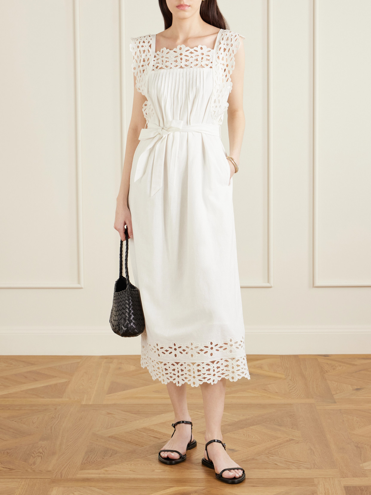 Leila Broderie Anglaise-trimmed Cotton And Linen-blend Midi Dress - White