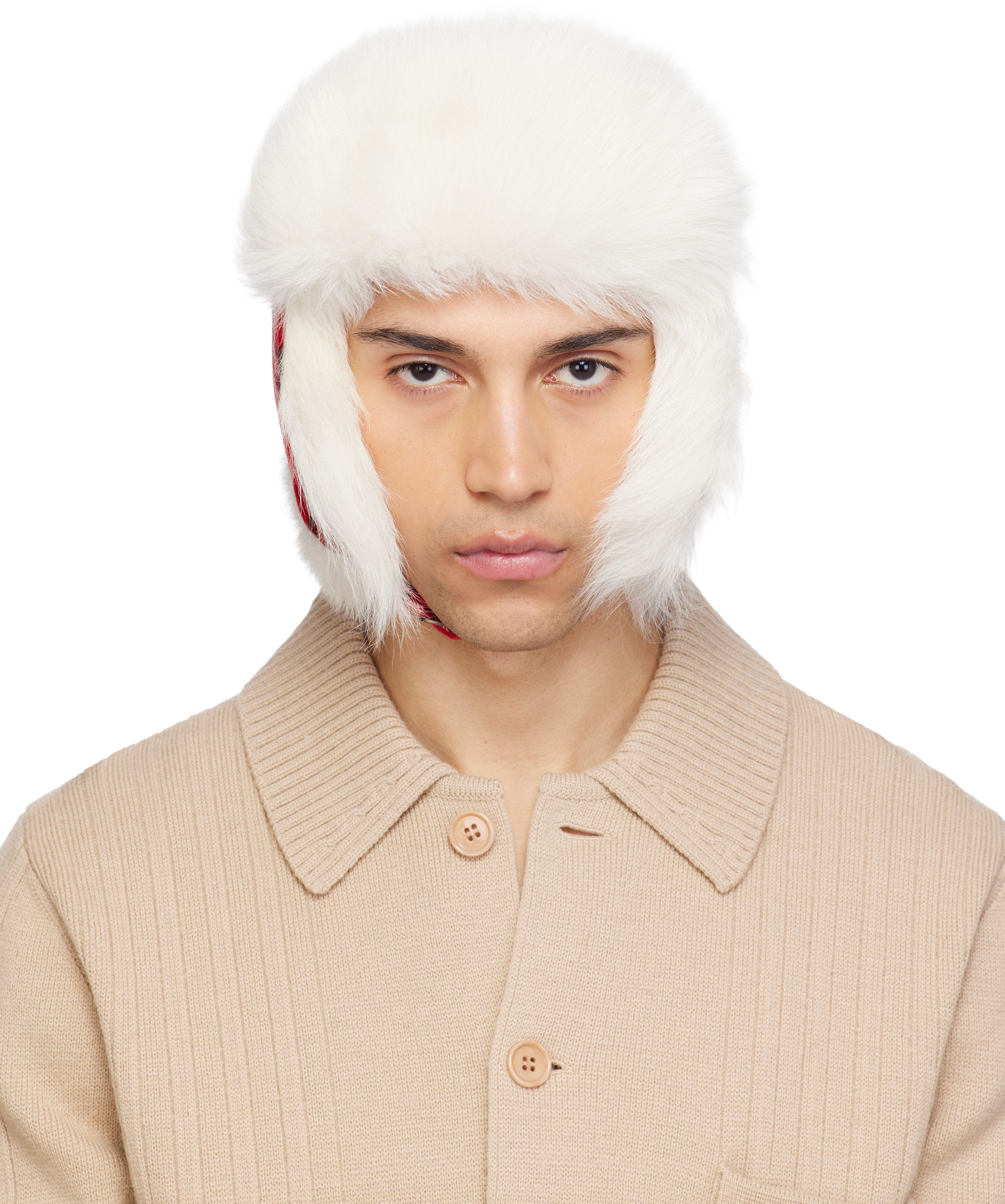 Red & Off-White Check Wool Trapper Hat