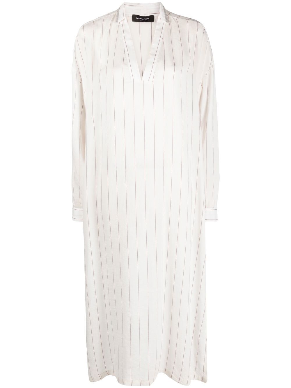 Striped long-sleeved kaftan dress - White