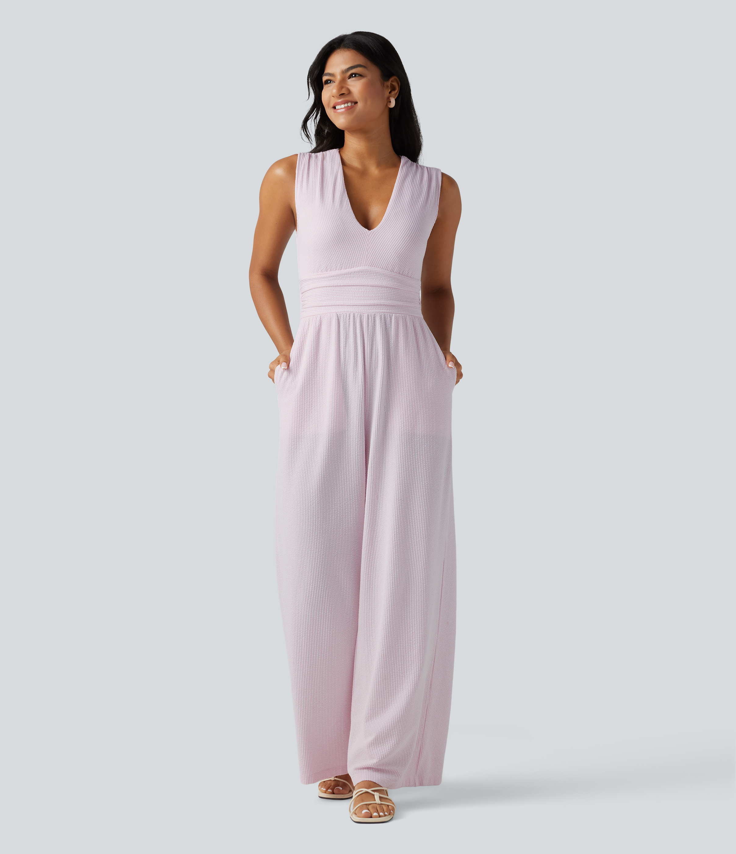 V Neck Sleeveless Built-in Bra Stripe Casual Jumpsuit with Pockets-Easy Peezy Edition  - Candy Cone Stripe
