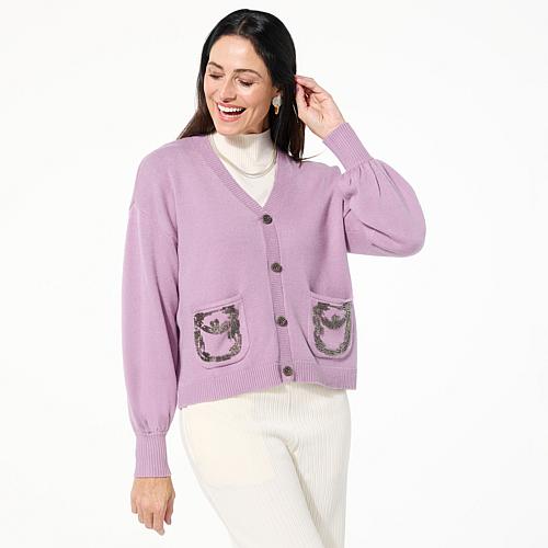 WynneCollection Sweater Knit Cardigan with Beaded Pockets - Dusty Lavender