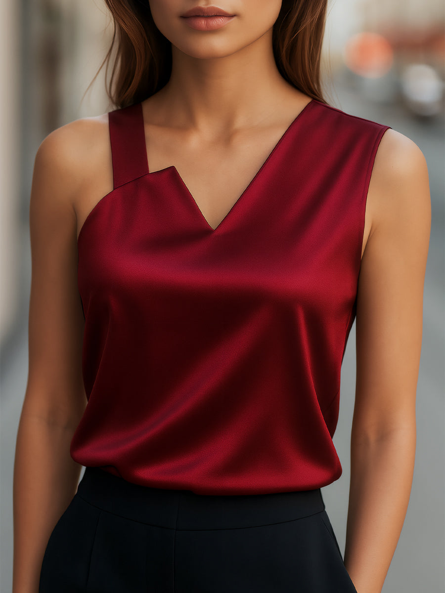 Sleek Asymmetrical Neck Satin Blouse - Burgundy