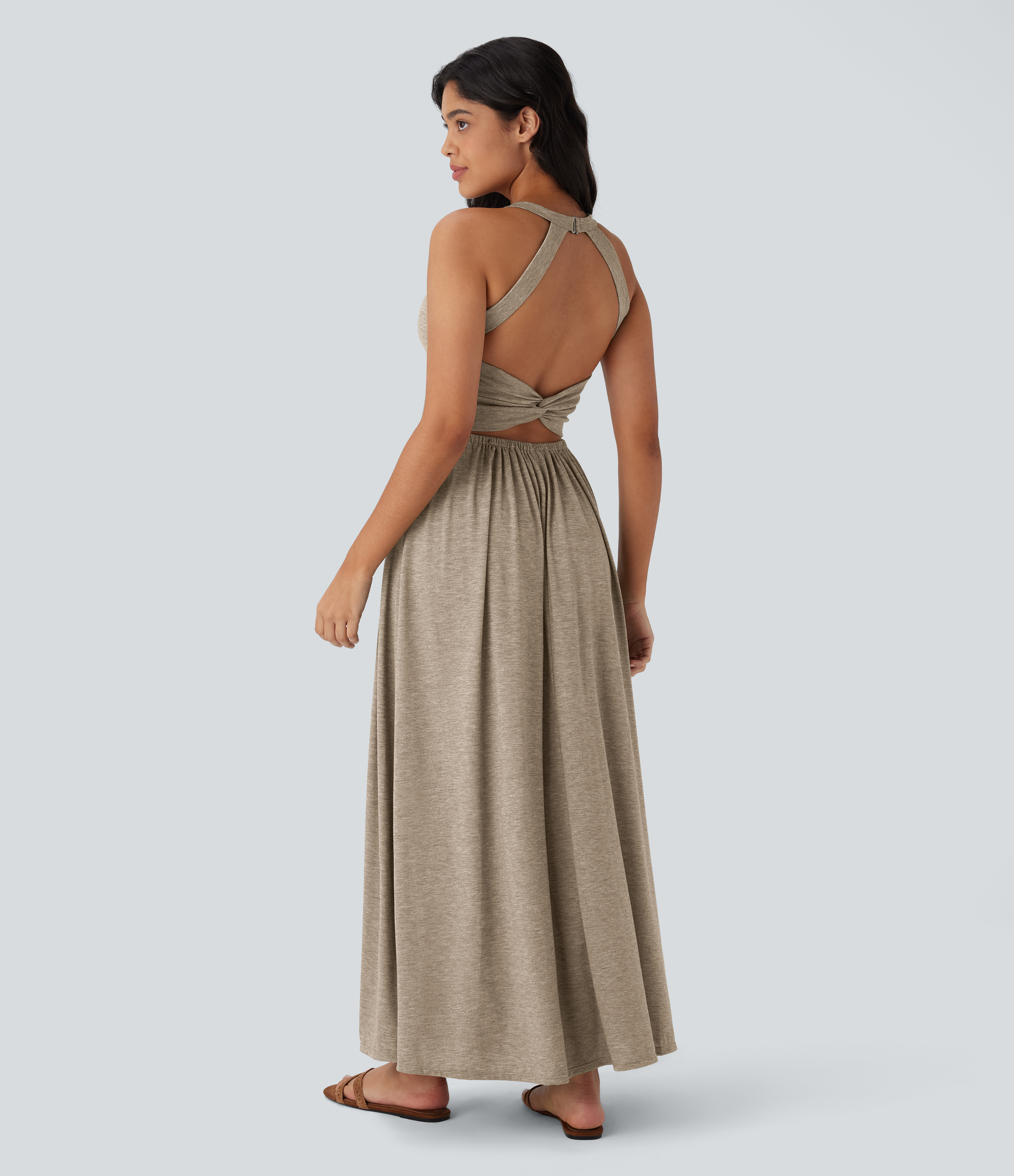 Twisted Backless Split Flowy Maxi Resort Dress with Pockets Casual Dress - Khaki Floral Yarn