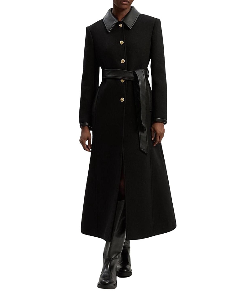 Wool Pu Mix Belted Tailored Maxi Coat